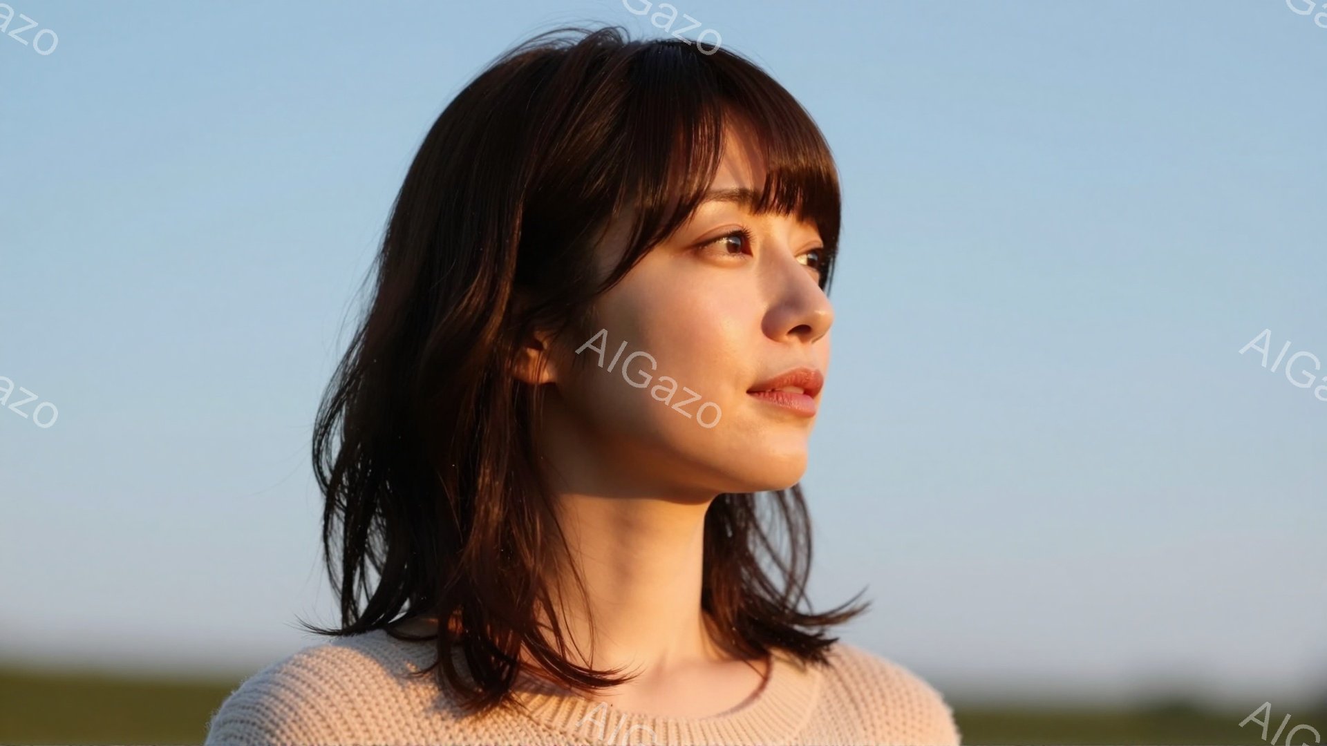 この女性は、肩までかかる少しウェーブのかかった黒髪で、前髪は眉毛にかかる程度にカットされています。淡いピンク色のセーターを身に着け、少し上目線で遠くを見つめており、穏やかで物憂げな表情をしています。背景は緑色の草地で、空は薄い青色に染まり、夕暮れか夜明けのような穏やかな雰囲気が漂っています。