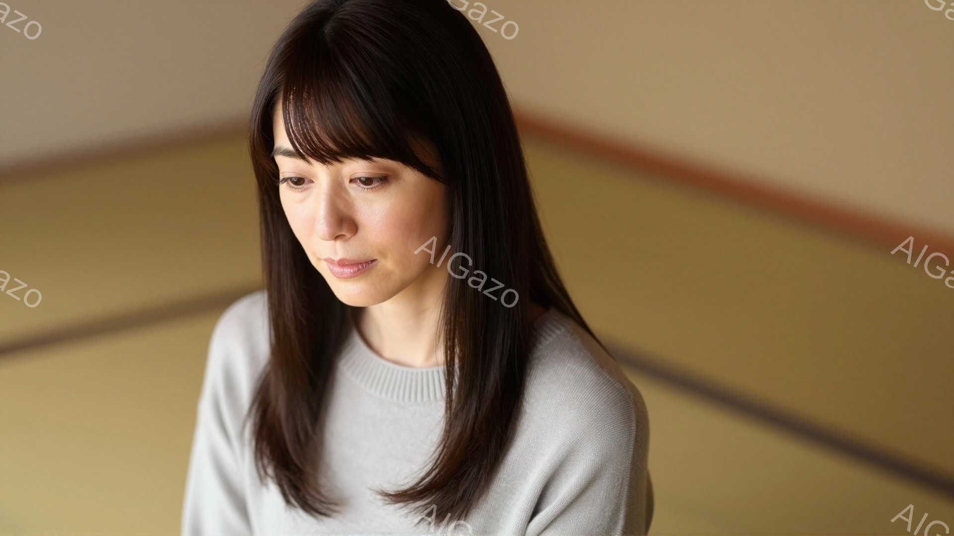 長い黒髪をセンターパートにした女性が、薄いグレーのセーターを着ています。彼女はわずかに下を向き、落ち着いた表情を浮かべています。背景は畳の床で、全体的に静かで穏やかな雰囲気が漂っています。 - AI生成フリー素材