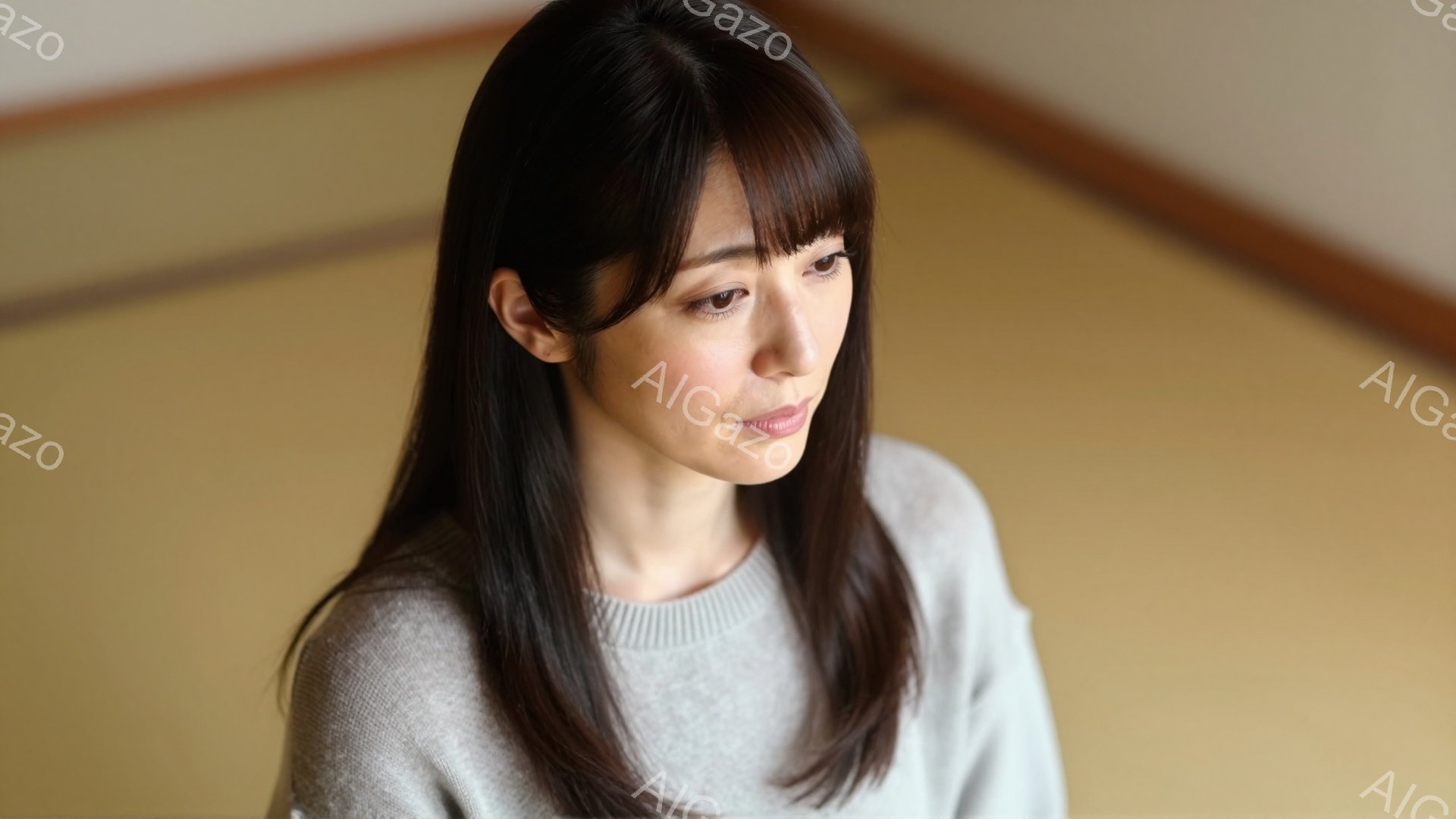 長い黒髪で、ゆるやかなウェーブがかかった女性が写っている。グレーのセーターを着ており、少し微笑んだ表情で、どこかを見つめている。背景は畳の床で、全体的に落ち着いた、穏やかな雰囲気が漂っている。