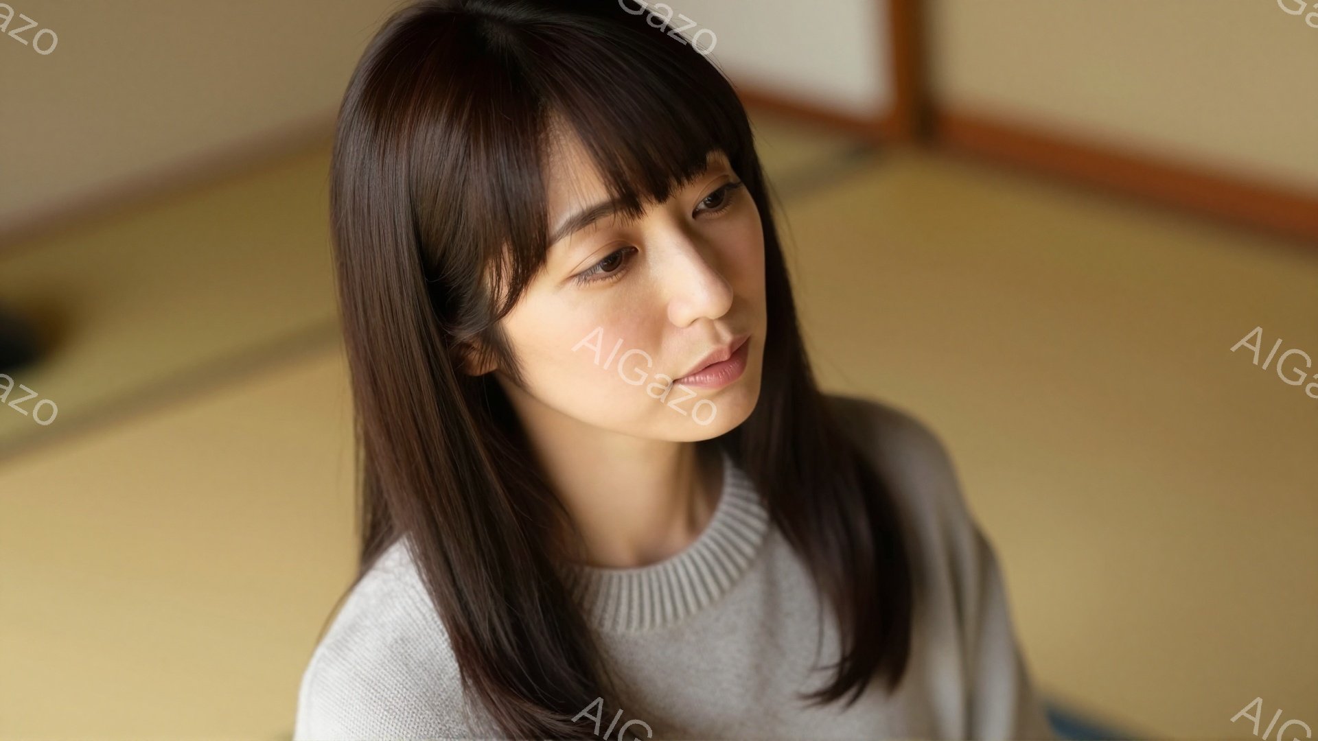長い黒髪で、前髪が目にかかる女性が写っている。彼女はグレーのセーターを着ており、少し微笑んでいるように見える。背景は畳の部屋で、落ち着いた雰囲気を感じさせる。 - AI生成フリー素材
