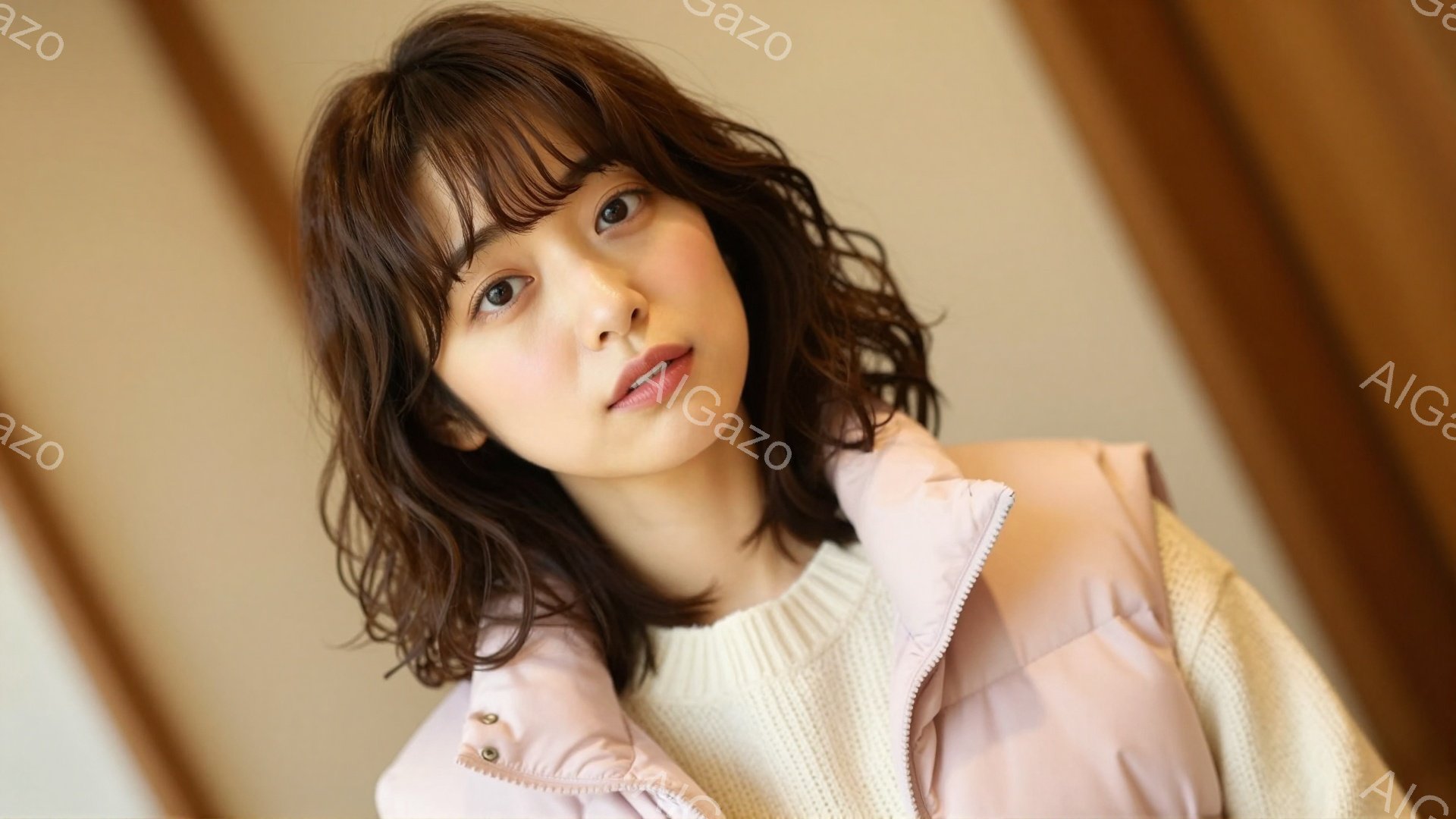 長い茶色の巻き毛の髪をした若い女性が写っています。オフホワイトのニットに薄いピンクのダウンベストを羽織り、少し微笑んだ表情でこちらを見ています。背景はぼやけており、木製の壁の一部が見え、全体的に暖かく穏やかな雰囲気です。