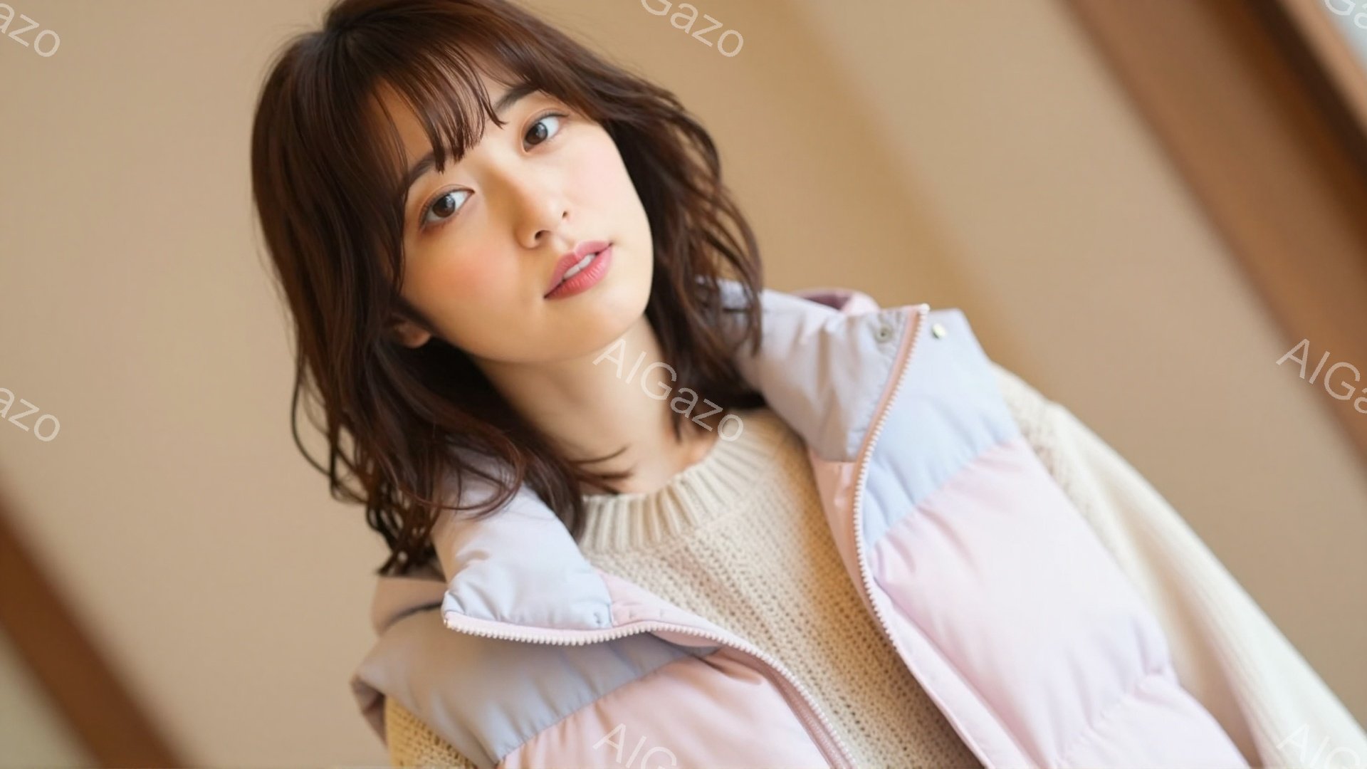 茶髪の女性が、パステルピンクと水色のパッチワークデザインのダウンベストとオフホワイトのニットセーターを着ています。彼女は少し微笑んでおり、顔を少し傾けてカメラを見ています。背景は木の構造物で、柔らかく - AI生成フリー素材