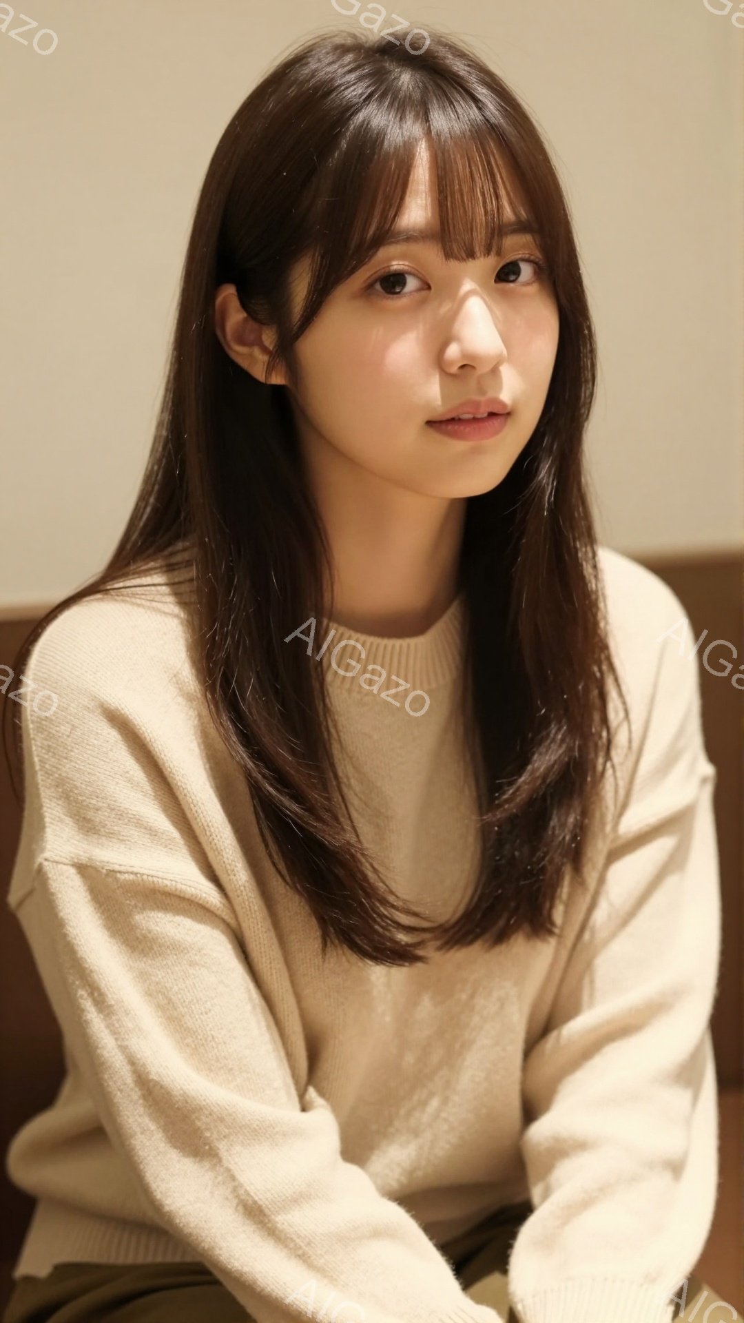 茶髪の長い髪を肩にかかるように伸ばした若い女性が写っている。ベージュのざっくりとしたセーターを着ており、表情は穏やかで少し微笑んでいるように見える。背景はぼかされており、暖色系の色調で、女性がリラック - AI生成フリー素材