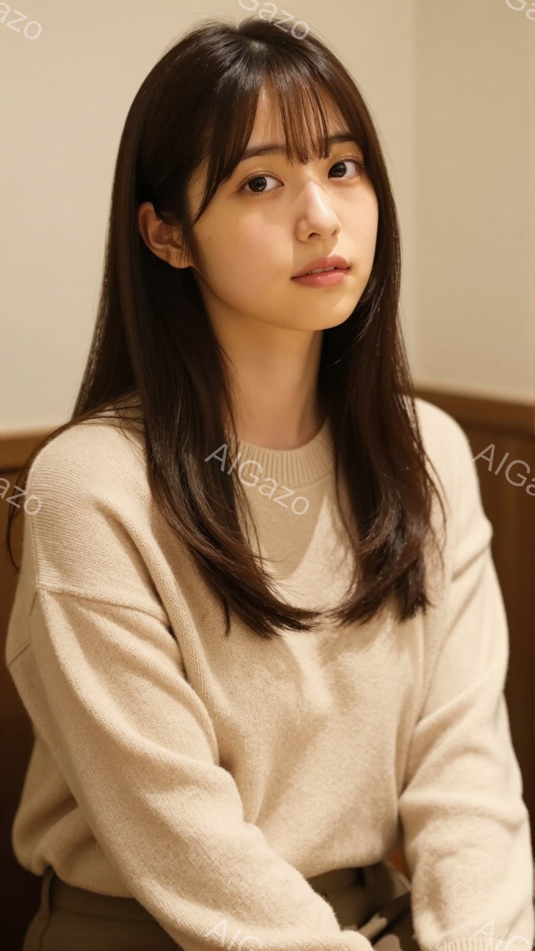 長い黒髪で、前髪が目にかかる女性が写っています。ベージュ色のセーターを着ており、穏やかな表情で正面を見ています。背景は木製のパネルで、室内であることがわかります。 - AI生成フリー素材