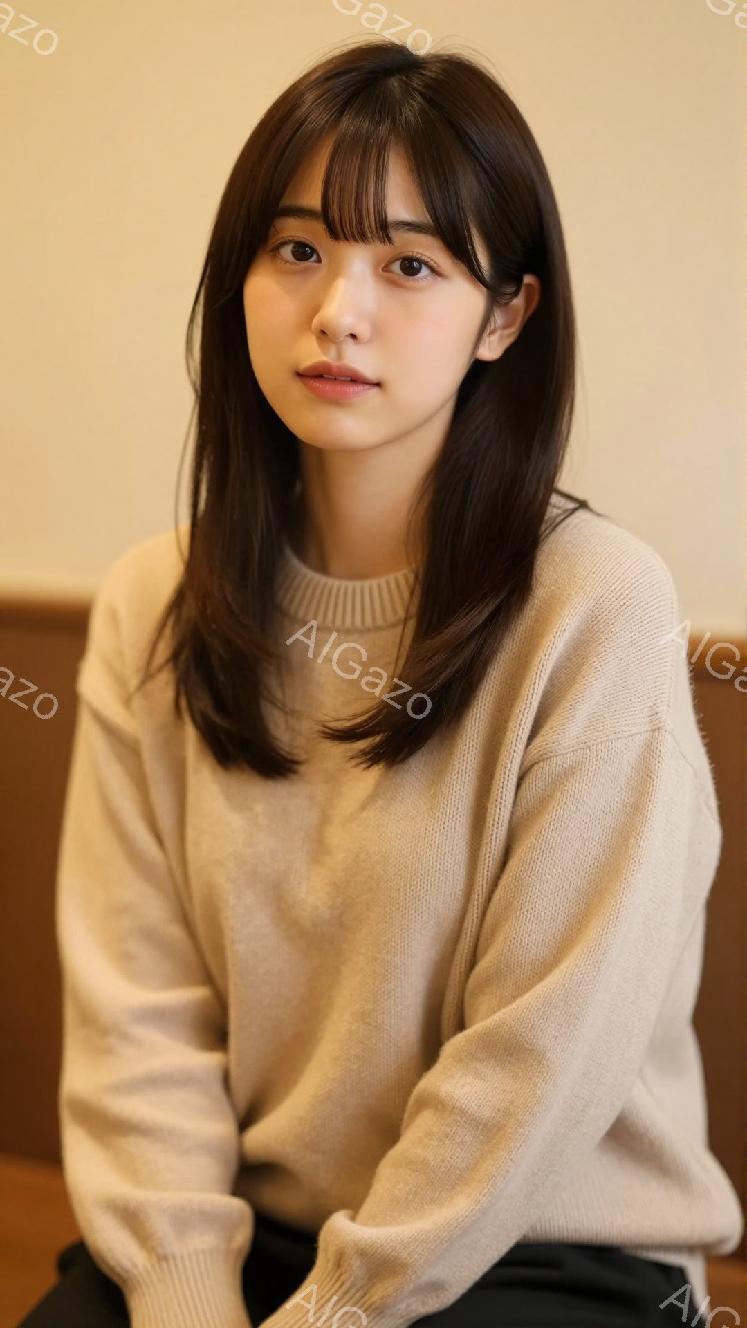 画像は、ベージュ色のセーターを着た若い女性を捉えています。彼女は肩までの長さの茶髪で、前髪が目にかかるようにカットされています。穏やかな表情でカメラを見つめており、背景は明るい茶色の壁と床で、全体的に - AI生成フリー素材