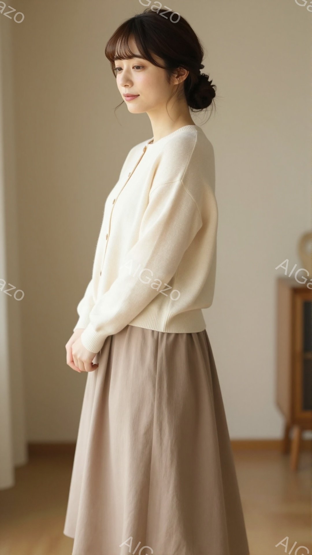 モデルは、クリーム色のカーディガンとベージュのフレアスカートを着用しており、控えめな印象を与えています。髪は後ろでまとめられ、顔は穏やかで落ち着いた表情をしています。背景は薄いベージュ色の壁で、シンプ - AI生成フリー素材