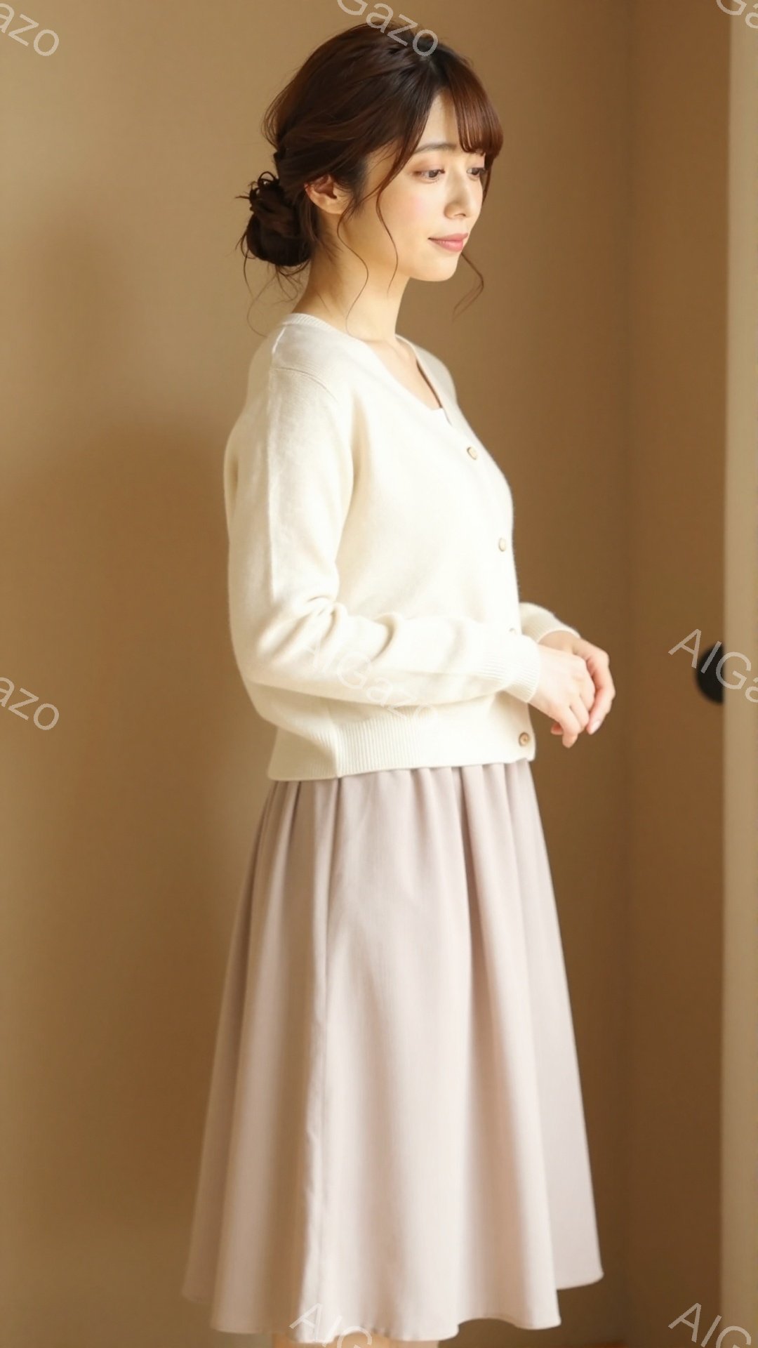 明るいベージュのカーディガンと、同系色のフレアスカートを身につけた女性が写っている。髪は後ろで一つにまとめられており、穏やかな表情で横を向いている。背景は薄いベージュの壁で、部屋の一角のようであり、全体的に柔らかく優しい雰囲気が漂っている。