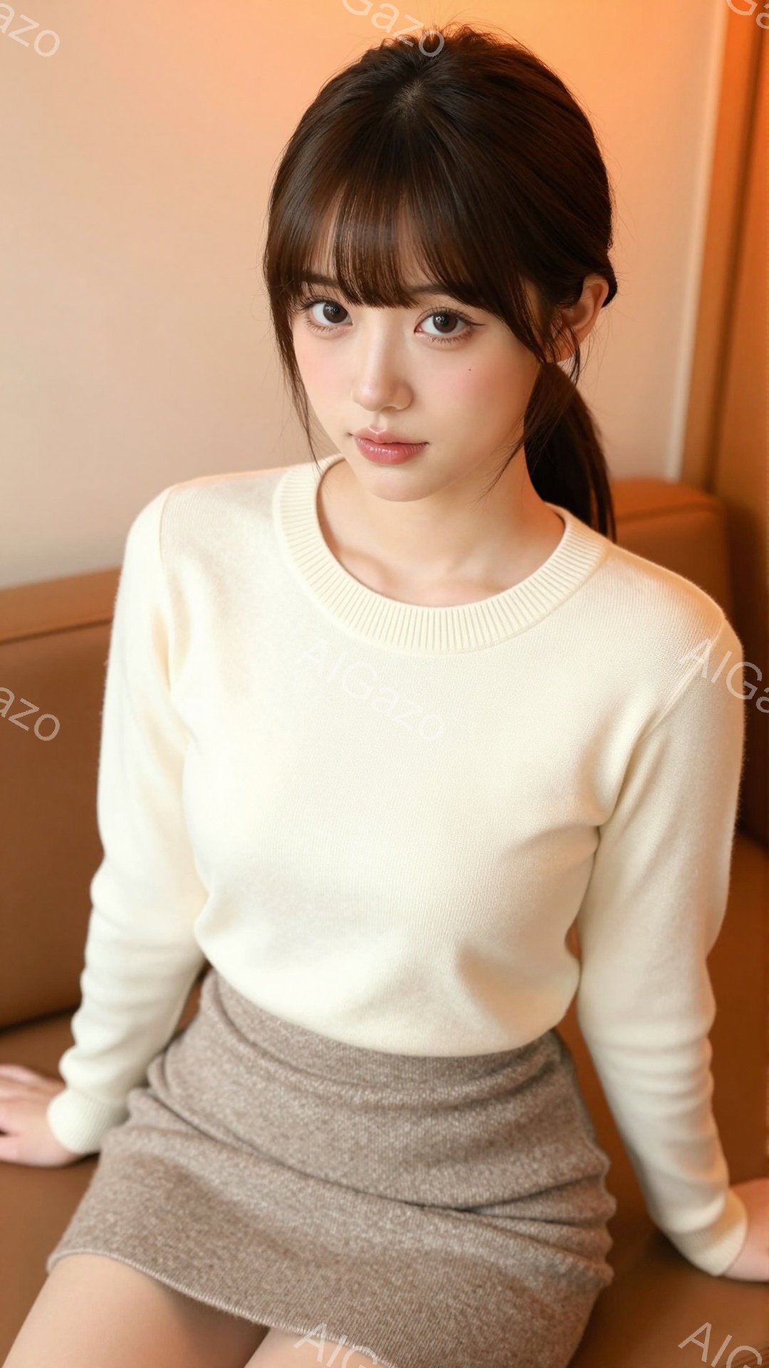 画像は、茶色のスカートとクリーム色のセーターを着た若い女性が写っています。彼女は軽く微笑み、前髪が目にかかるように髪を結んでいます。背景はぼやけた茶色で、暖かく落ち着いた雰囲気を醸し出しています。 - AI生成フリー素材