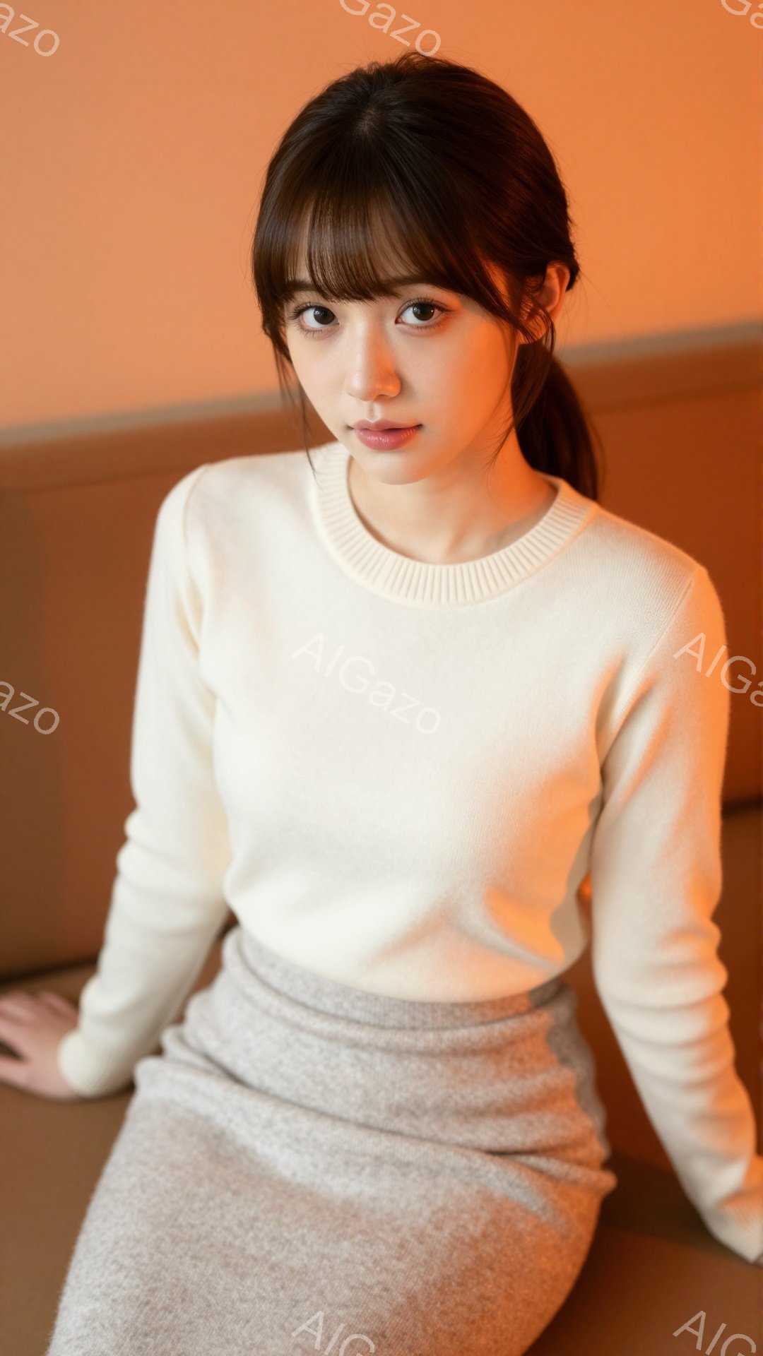 長い黒髪をハーフアップにした女性が写っています。オフホワイトの長袖セーターと、グレーのプリーツスカートを身に着け、穏やかな微笑みを浮かべています。背景はベージュ色の壁で、全体的に柔らかく優しい雰囲気で - AI生成フリー素材