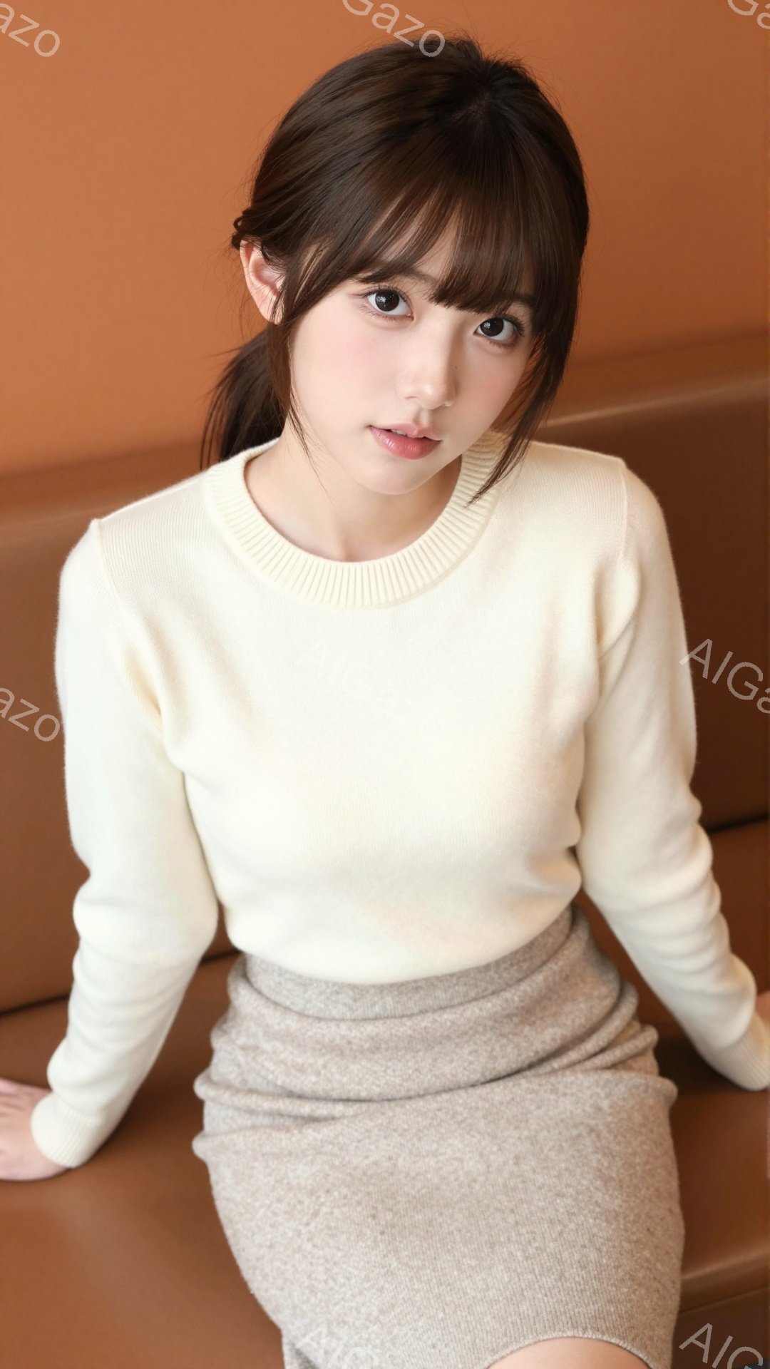 長い黒髪を後ろで一つに結んだ女性が、クリーム色のセーターとツイードのスカートを身につけている。彼女は穏やかな表情でカメラを見つめ、リラックスした姿勢で座っている。背景は暖色系の単色で、女性が際立ってい - AI生成フリー素材