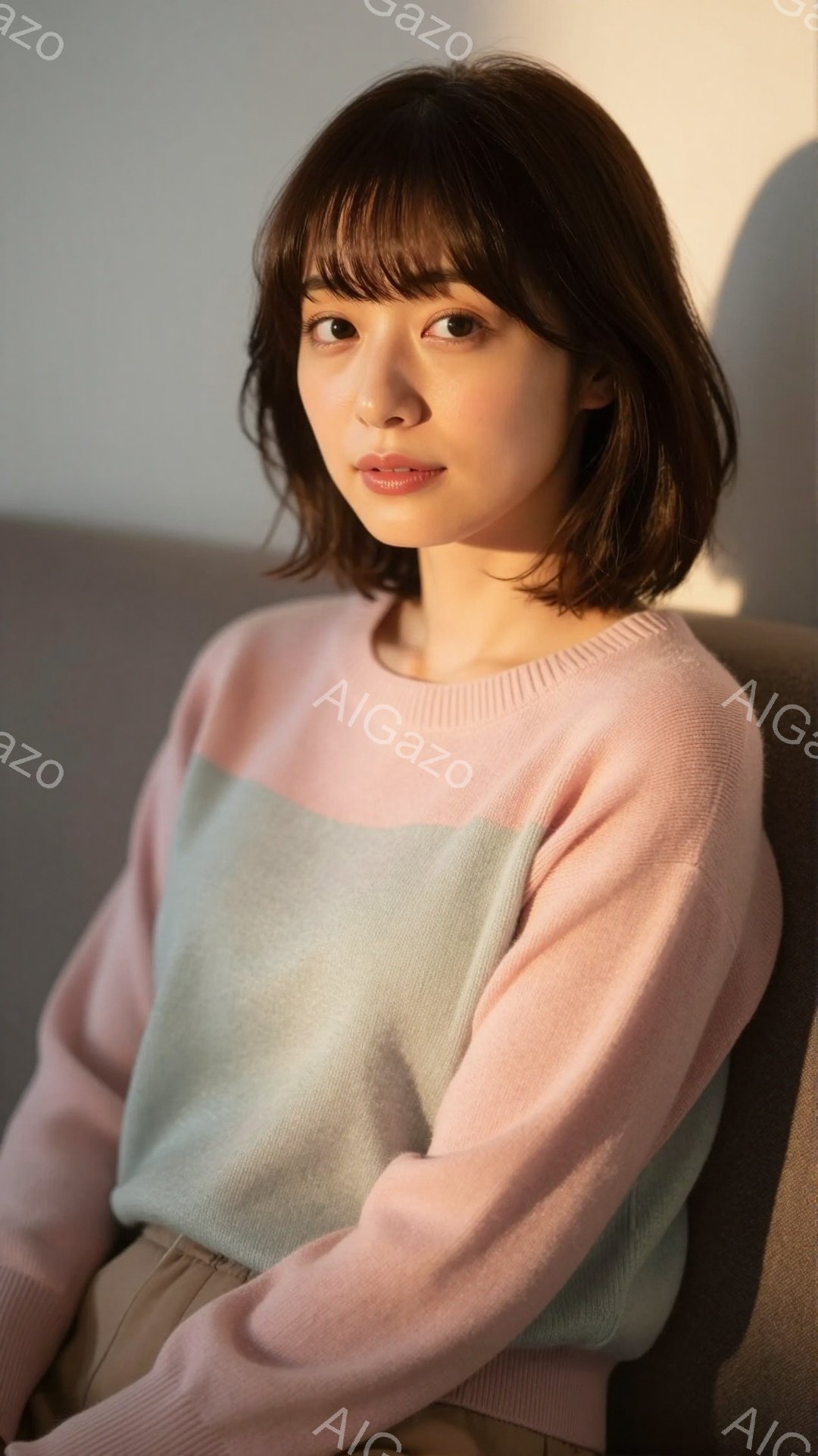 画像には、ピンクと薄緑色のブロック柄のセーターを着た若い女性が写っています。彼女は短いダークブラウンのヘアスタイルで、少し微笑みを浮かべ、リラックスした姿勢で座っています。背景はぼやけていますが、暖色 - AI生成フリー素材