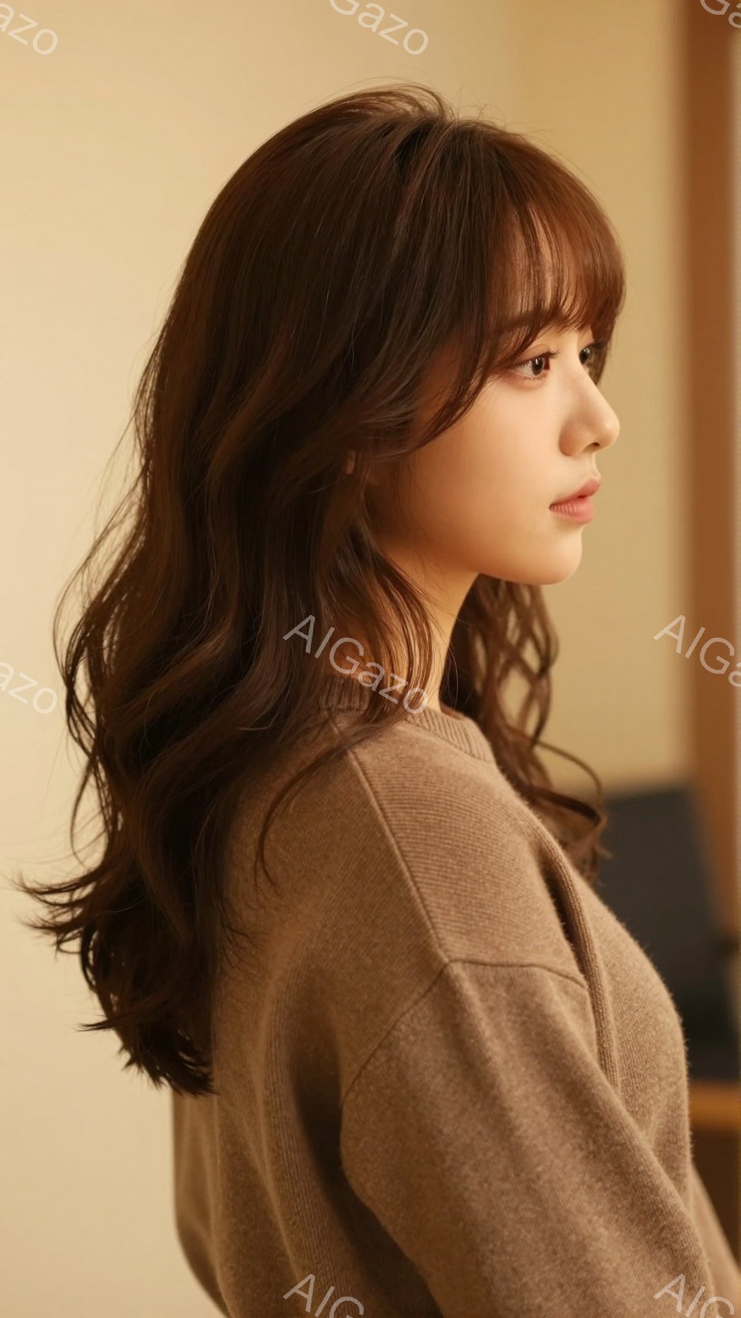 長い茶色の髪を無造作に巻いた若い女性が写っている。ベージュ色のセーターを着ており、横顔を見せているが、穏やかで少し微笑んでいるような表情が伺える。背景はぼかされており、室内であることがわかるが、全体的 - AI生成フリー素材