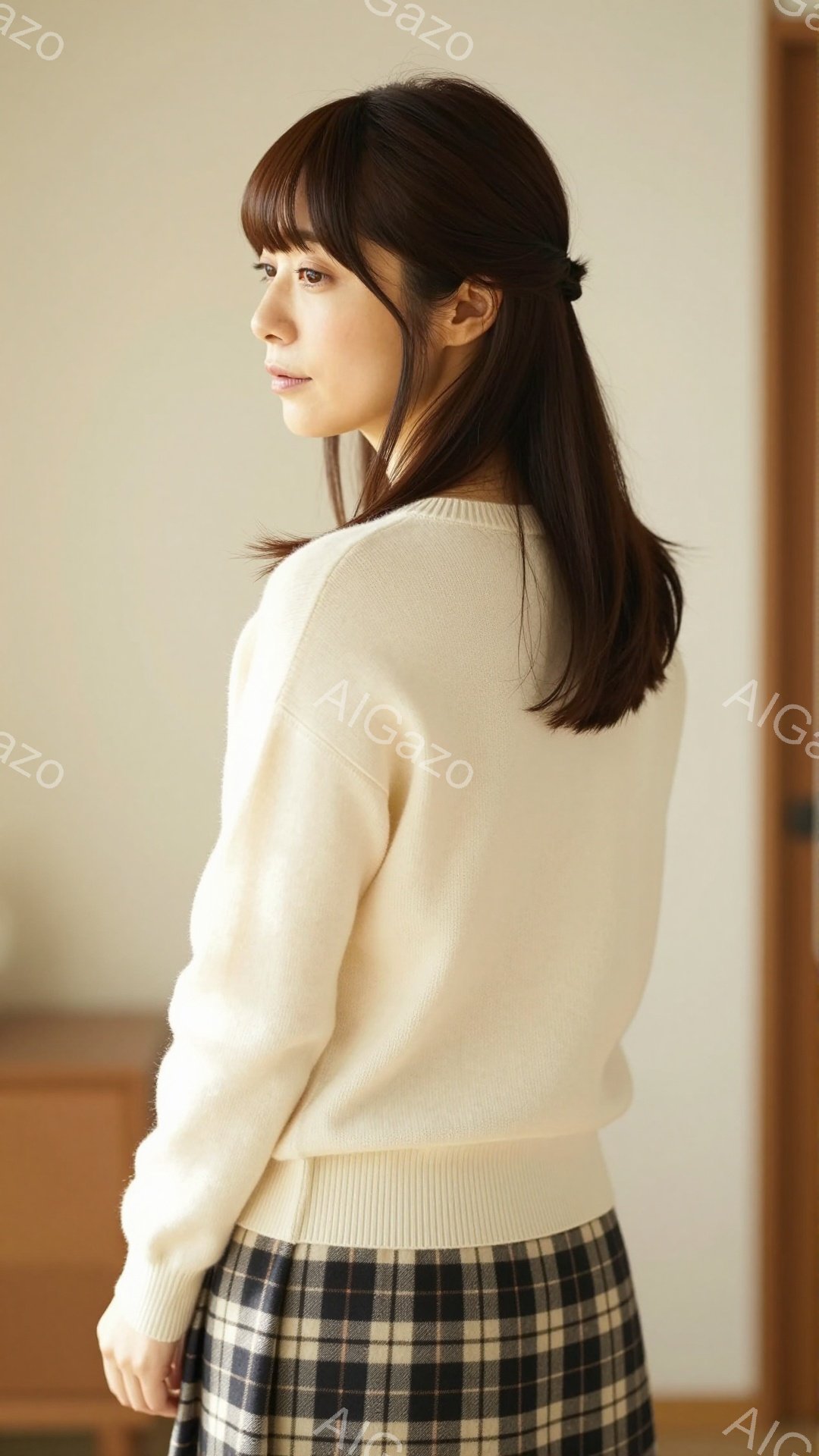 長い茶色の髪を後ろで一つにまとめた女性が写っています。オフホワイトのセーターとチェック柄のスカートを着用しており、少し後ろを振り返っている様子です。背景はぼかれていますが、木の家具が見え、室内であることがわかります。