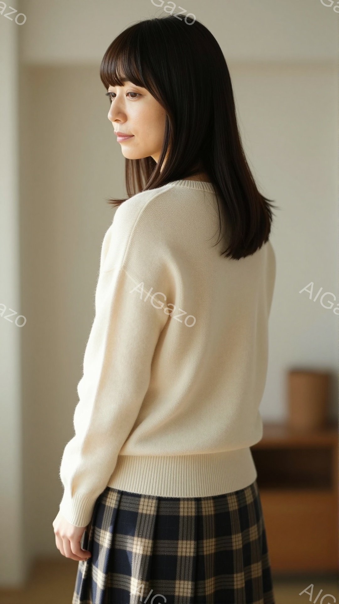 長い黒髪を肩のあたりで切り揃えた女性が、クリーム色のセーターとチェック柄のスカートを身に着けて立っています。彼女は背中を向けており、穏やかな表情で何かを見つめているようです。背景は淡いベージュ系の壁で - AI生成フリー素材