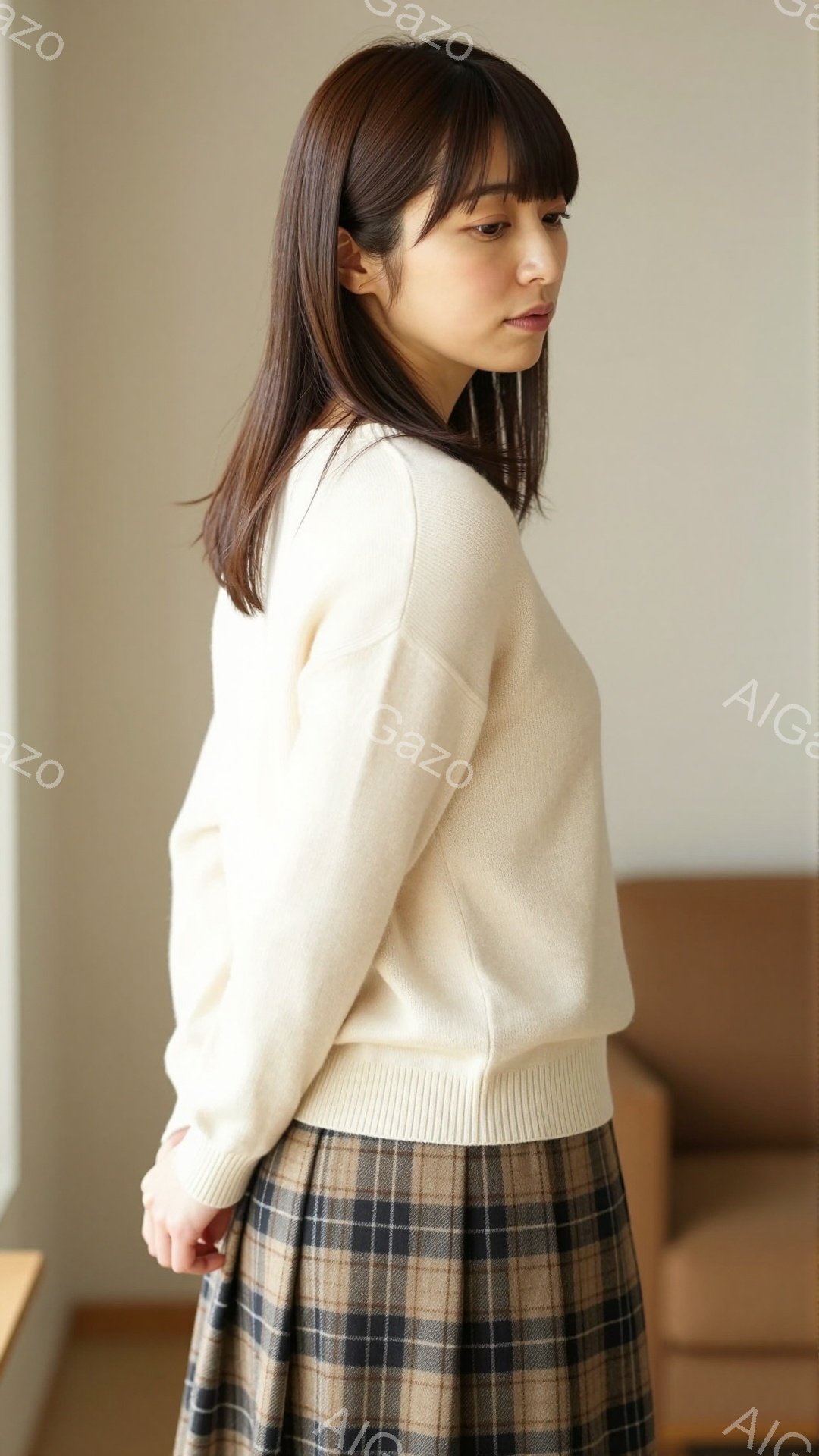 画像は、ベージュ色のセーターとチェック柄のスカートを着用した女性を捉えています。彼女は少し横を向き、穏やかな表情で、姿勢は自然です。背景は明るいベージュ色の壁で、暖かく落ち着いた雰囲気です。 - AI生成フリー素材