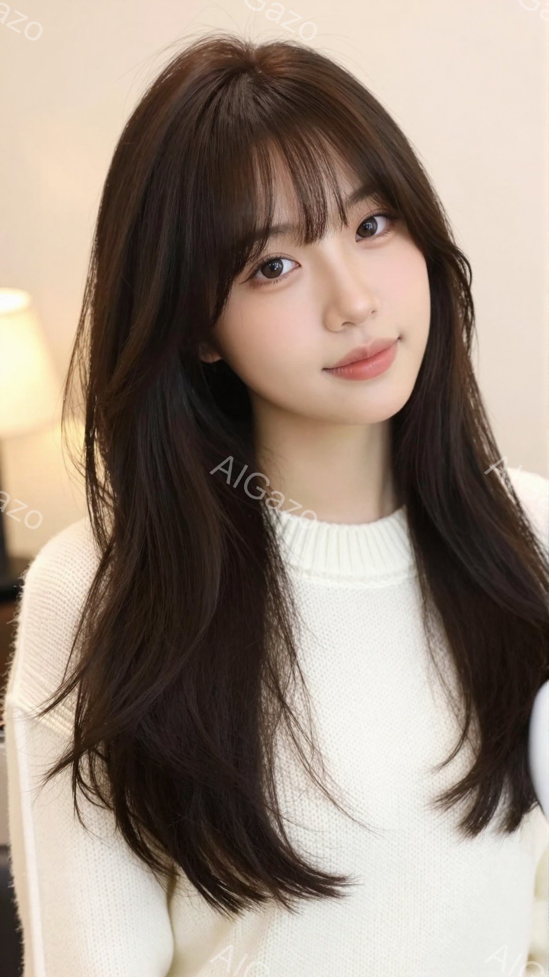 長い茶色の髪を肩にかける女性が写っています。白いセーターを着ており、穏やかな微笑みを浮かべています。背景はぼかれていますが、室内で、柔らかい光が差し込んでいることがわかります。 - AI生成フリー素材