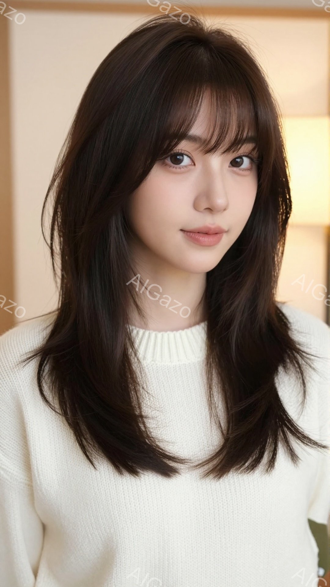 長い黒髪で、前髪が眉毛にかかるようにカットされた若い女性が写っています。白いセーターを着ており、顔には穏やかな微笑みが浮かんでいます。背景はぼやけていますが、暖色系の照明が女性を照らし、柔らかい雰囲気 - AI生成フリー素材