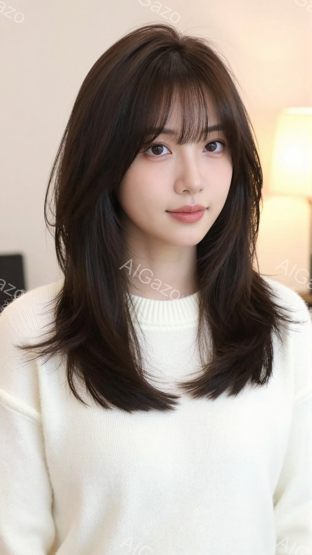 長い黒髪で、前髪が目にかかるヘアスタイルをした若い女性が写っています。白いセーターを着ており、わずかに微笑んでおり、穏やかで優しい表情をしています。背景はぼやけており、室内であることがわかりますが、詳細は不明瞭です。