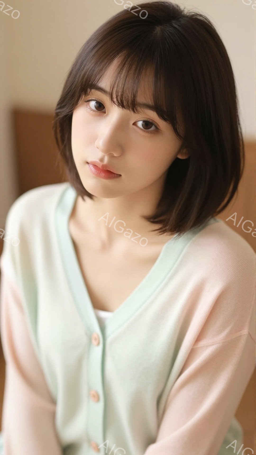 画像は、明るい茶色の髪を肩の長さでカットした若い女性が写っています。彼女はパステルグリーンのカーディガンをピンクのシャツの上に羽織っており、少し微笑んだ優しい表情をしています。背景はぼやけていますが、 - AI生成フリー素材