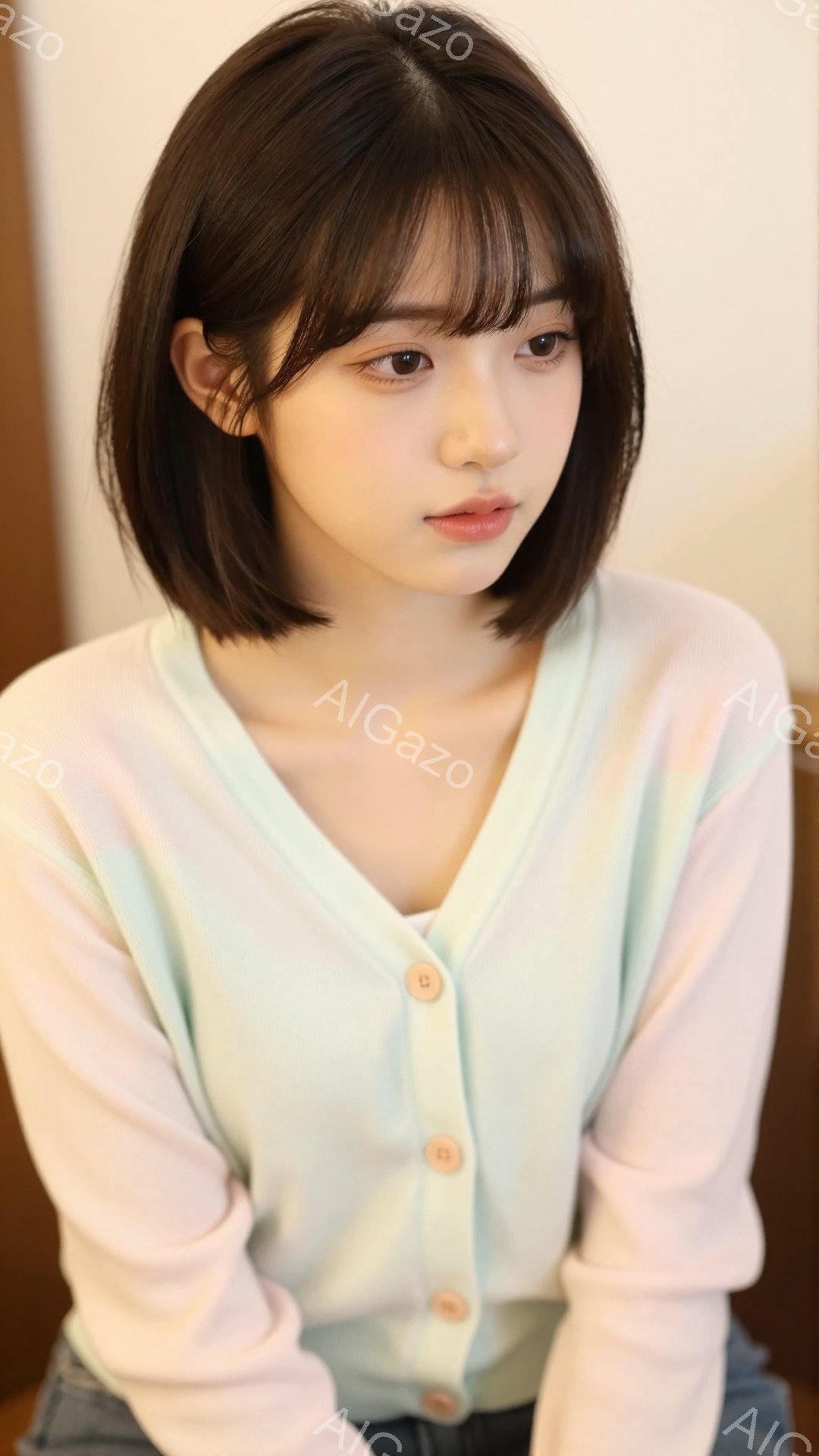 茶髪のショートボブヘアの女性が写っています。淡い水色のカーディガンを羽織り、デニムのボトムスを着用しています。彼女はわずかに微笑んでおり、穏やかで優しい雰囲気を醸し出しています。 - AI生成フリー素材