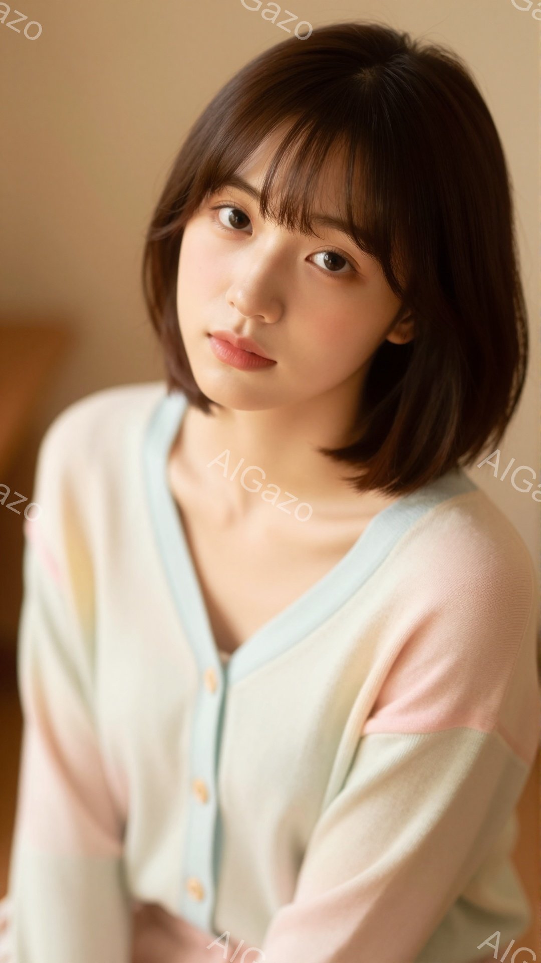 この女性は、パステルカラーのカーディガンを着ており、明るい茶色のボブヘアに、少し微笑んだ表情を浮かべています。彼女は座っており、リラックスした姿勢でカメラを見つめています。背景はぼやけていますが、柔ら - AI生成フリー素材