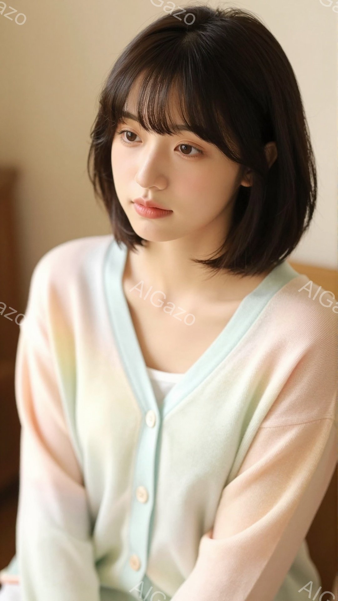 画像は、明るい茶色の髪の短いヘアスタイルをした若い女性が写っています。彼女は、淡いピンク、水色、クリーム色のストライプのカーディガンを着ており、控えめな微笑みを浮かべています。背景はぼやけていますが、 - AI生成フリー素材