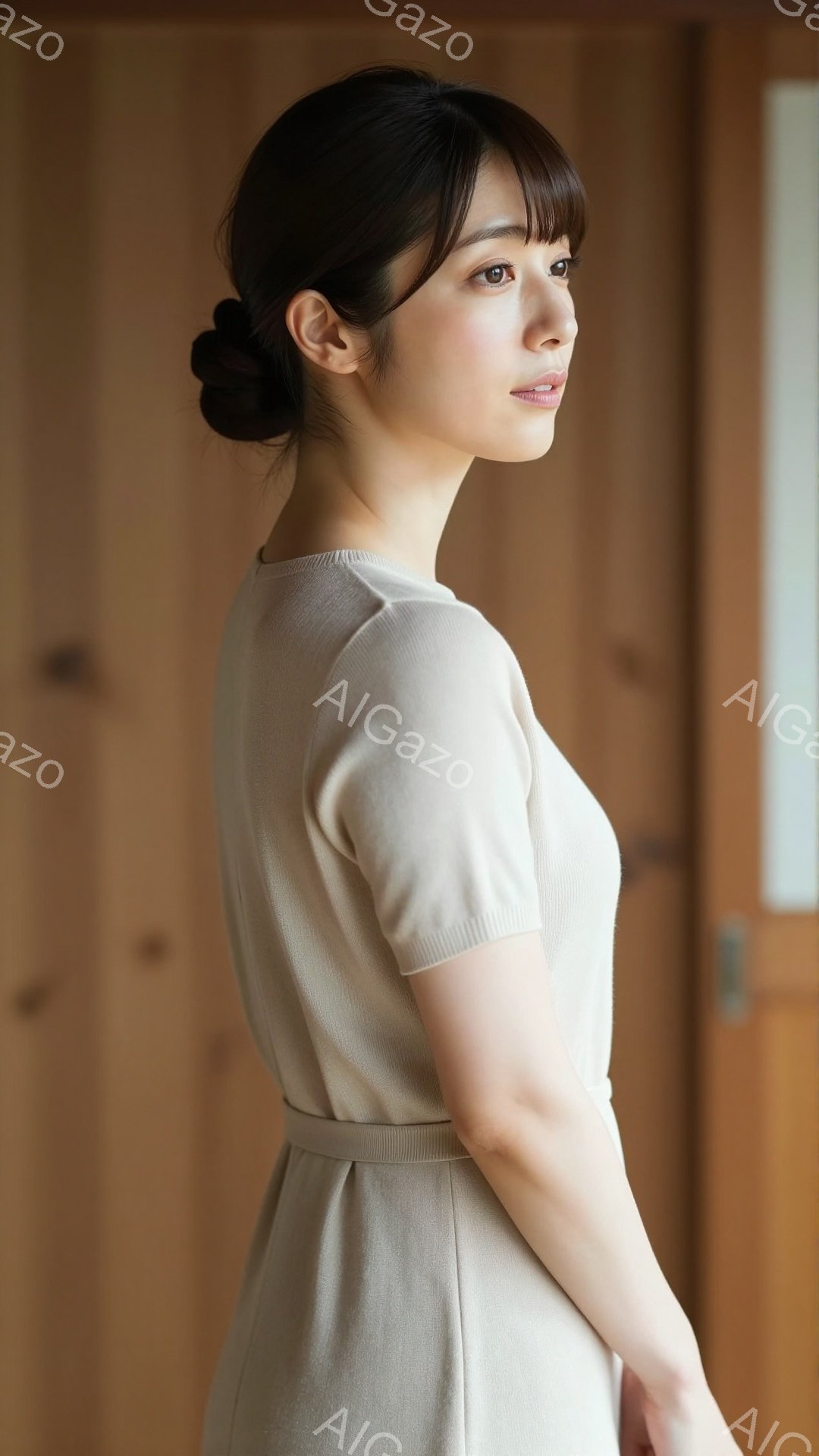 画像には、明るい茶色の短いワンピースを着た若い女性が写っています。彼女は髪を後ろでまとめ、穏やかな微笑みを浮かべています。背景は木製の壁で、柔らかく自然な雰囲気を醸し出しています。 - AI生成フリー素材