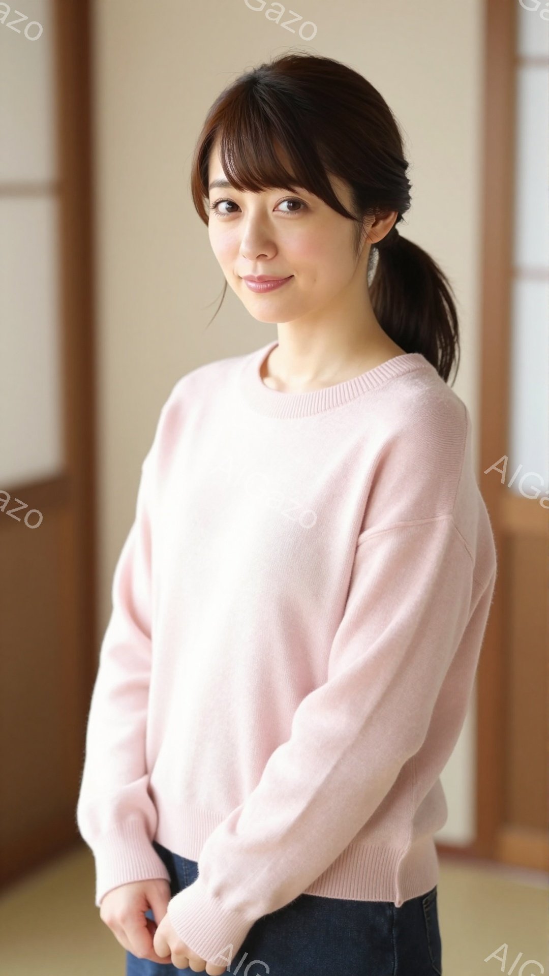 画像は、ピンク色のセーターを着た若い女性が写っています。彼女は髪を後ろで軽くまとめ、穏やかな微笑みを浮かべています。背景は明るい色の壁と引き戸で、室内であることがわかります。 - AI生成フリー素材