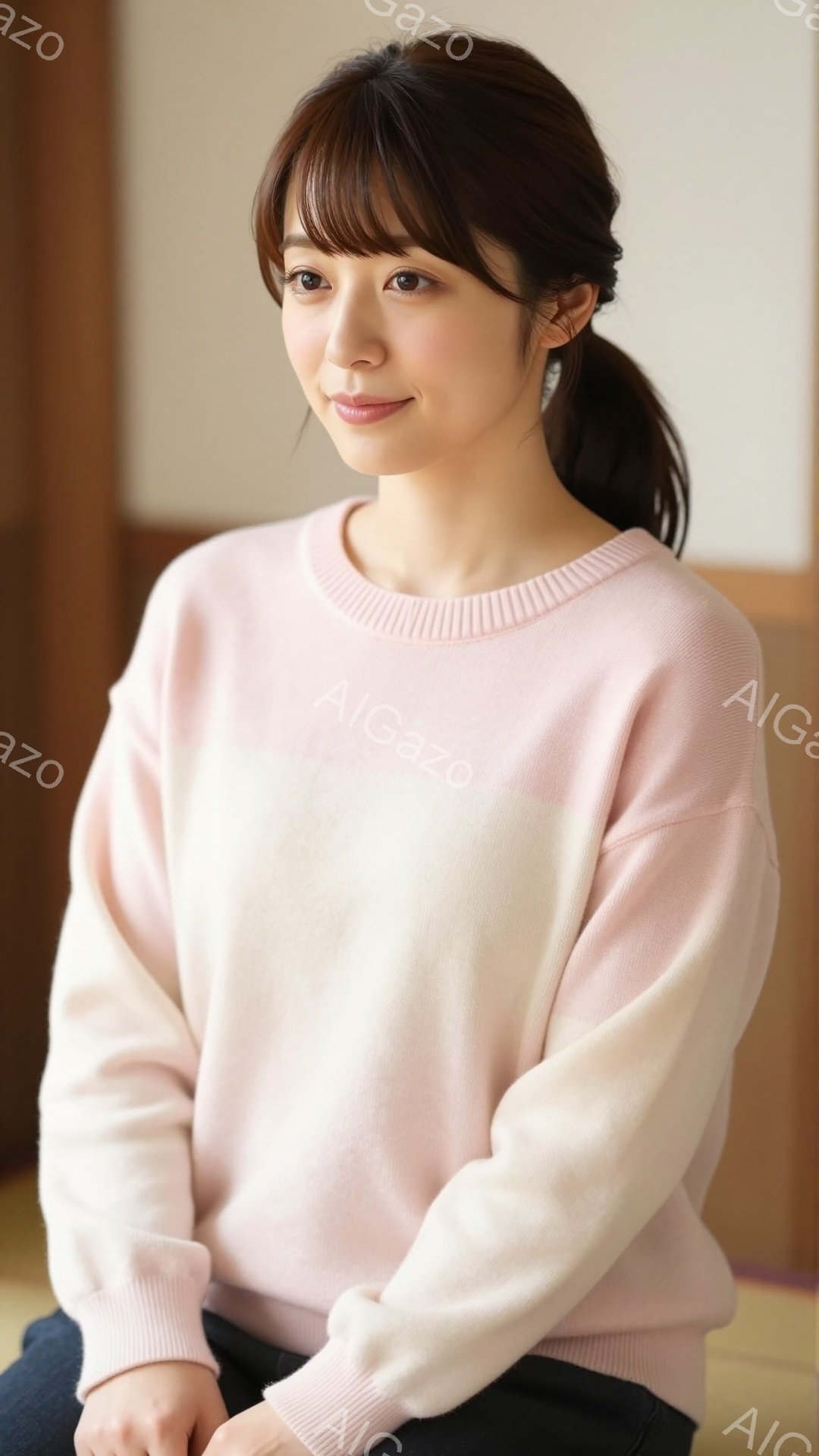 画像は、明るいピンクと白の配色が特徴的なセーターを着た女性が写っています。彼女は前髪を下ろしたロングヘアで、穏やかな笑顔を浮かべています。背景はぼやけていますが、室内であると推測され、全体的に温かく柔 - AI生成フリー素材