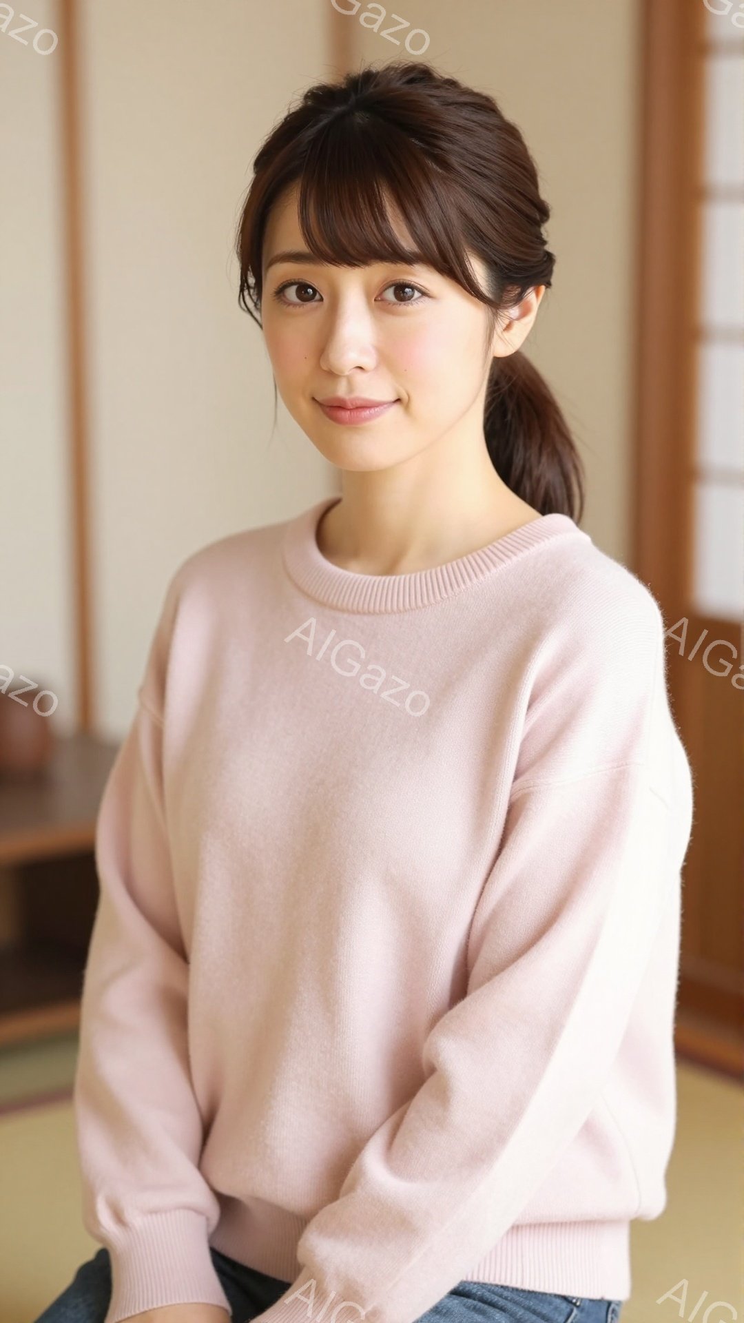 長い茶色の髪をハーフアップにした若い女性が写っています。ピンク色のセーターを着ており、穏やかな笑顔を浮かべています。背景は畳の部屋で、和の落ち着いた雰囲気が漂っています。