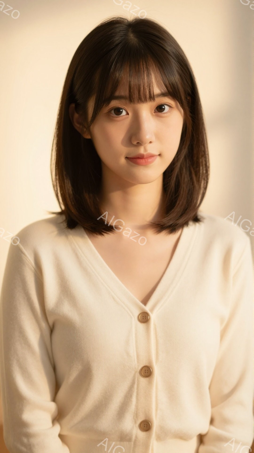 長いダークブラウンのヘアスタイルに前髪が少し長めの女性が写っています。ベージュ色のカーディガンを着ており、穏やかで微笑ましい表情をしています。背景は淡いベージュ色で、柔らかく落ち着いた雰囲気が漂ってい - AI生成フリー素材