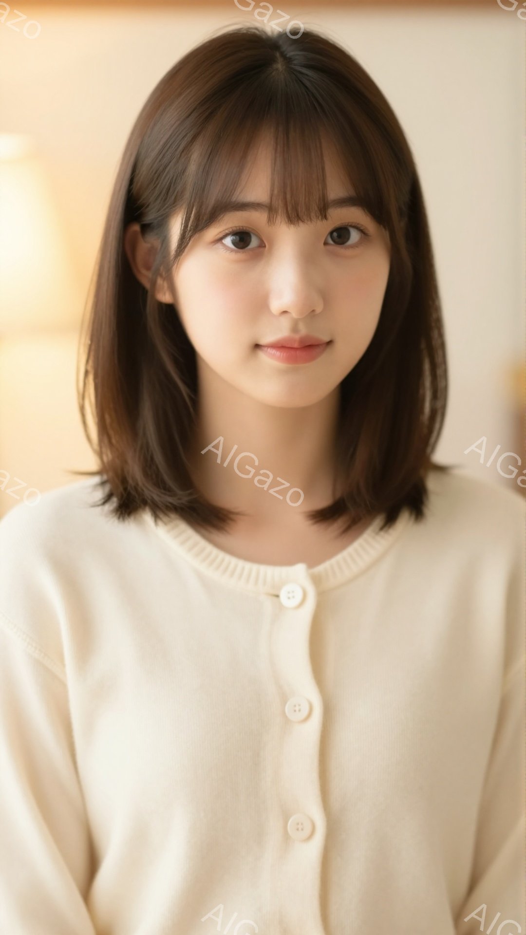 画像は、明るい茶色の髪に前髪のある若い女性が写っています。彼女はクリーム色のカーディガンを着ており、わずかに微笑んでいます。背景はぼやけており、暖色系の柔らかい光が全体を包み込み、穏やかな雰囲気を醸し - AI生成フリー素材