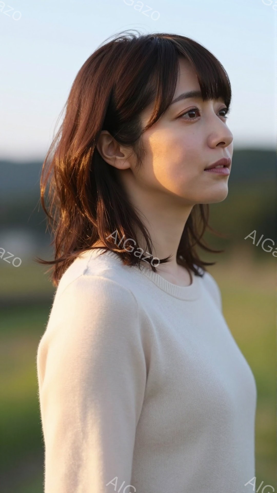 画像は、ベージュ色のセーターを着た若い女性の横顔です。彼女は肩までの長さのゆるいウェーブヘアで、少し微笑んでいます。背景は緑の草地とぼやけた山々で、柔らかい光が全体を包み込み、穏やかな雰囲気を醸し出し - AI生成フリー素材