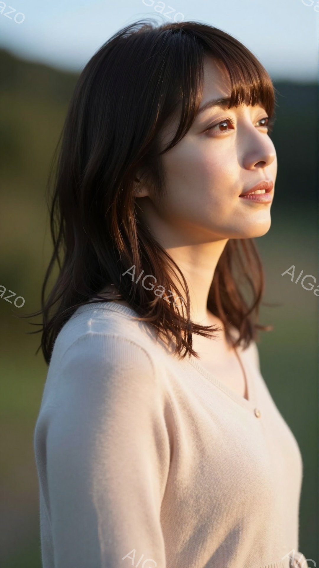 この女性は、クリーム色のセーターを着て、肩を少し内側に寄せた姿勢で、右を向いています。彼女の髪は肩の長さで、ゆるやかにカールしており、表情は穏やかで、どこか物憂げです。背景は緑豊かな自然で、柔らかい光が彼女を照らし、全体的に静かで優しい雰囲気を醸し出しています。