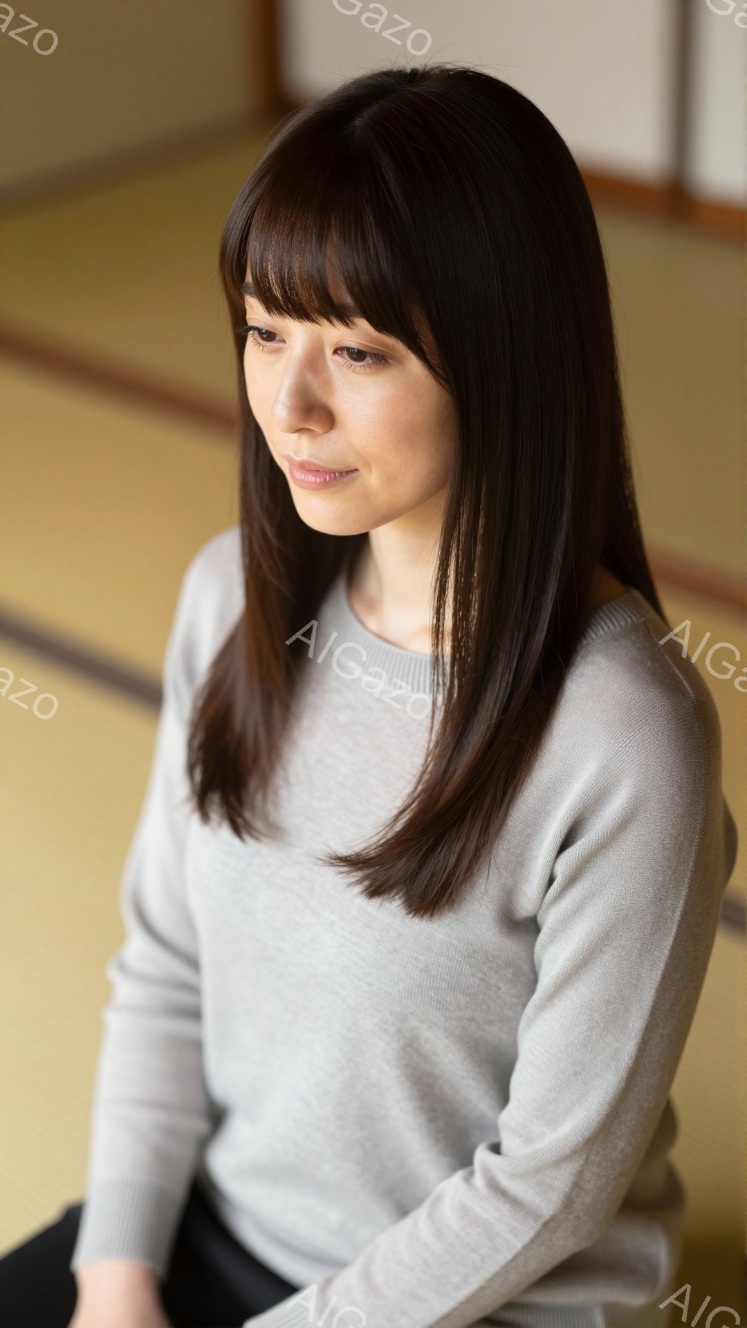 画像には、グレーのセーターを着た若い女性が写っています。彼女は少し上を見つめ、落ち着いた表情をしています。背景は畳の部屋で、静かで伝統的な雰囲気が漂っています。 - AI生成フリー素材