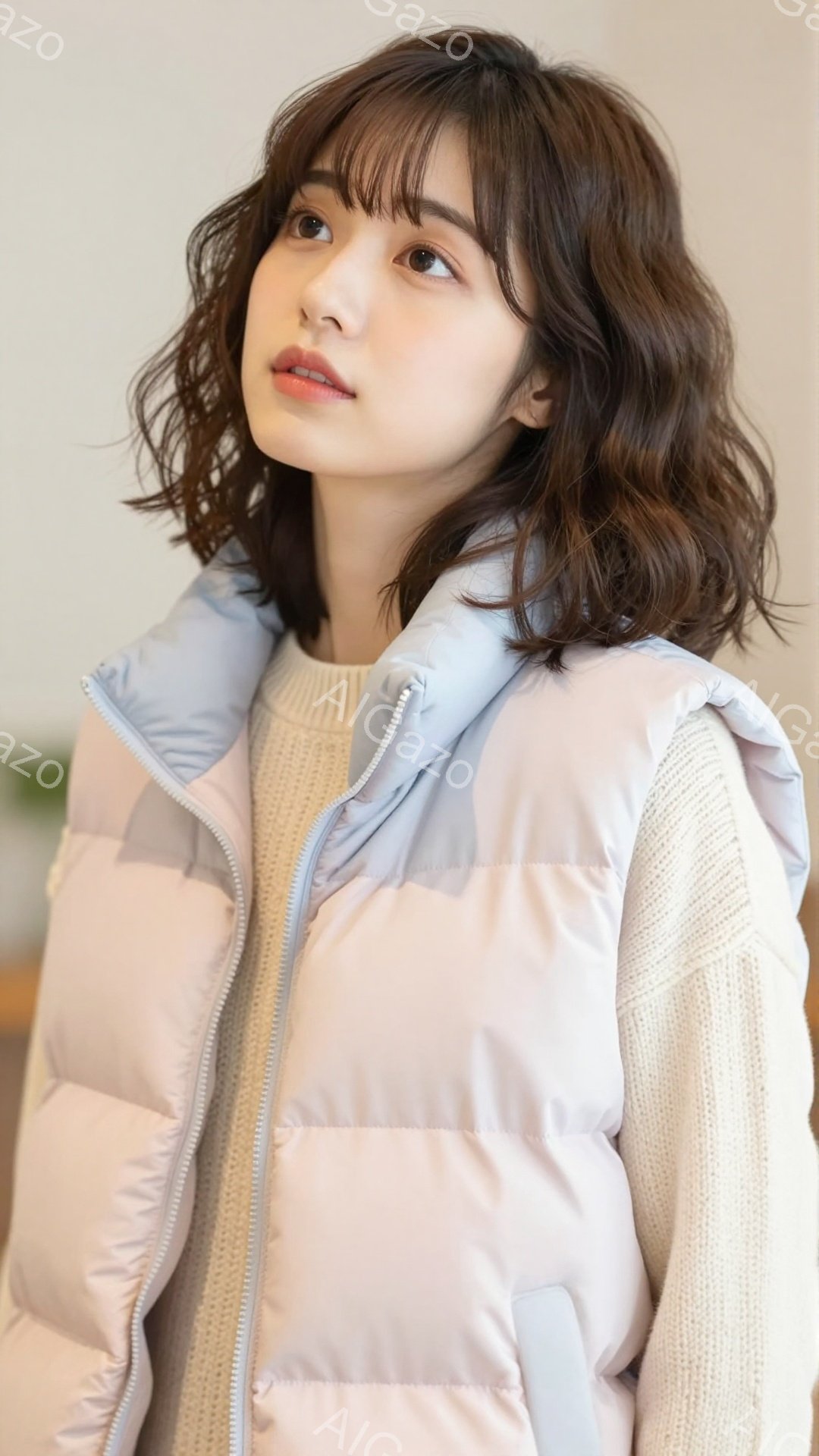長い茶色のヘアスタイルをした若い女性が写っています。彼女はクリーム色のセーターの上に、淡いピンクと水色のパッファーベストを着ています。穏やかな表情で、わずかに上を見上げています。 - AI生成フリー素材