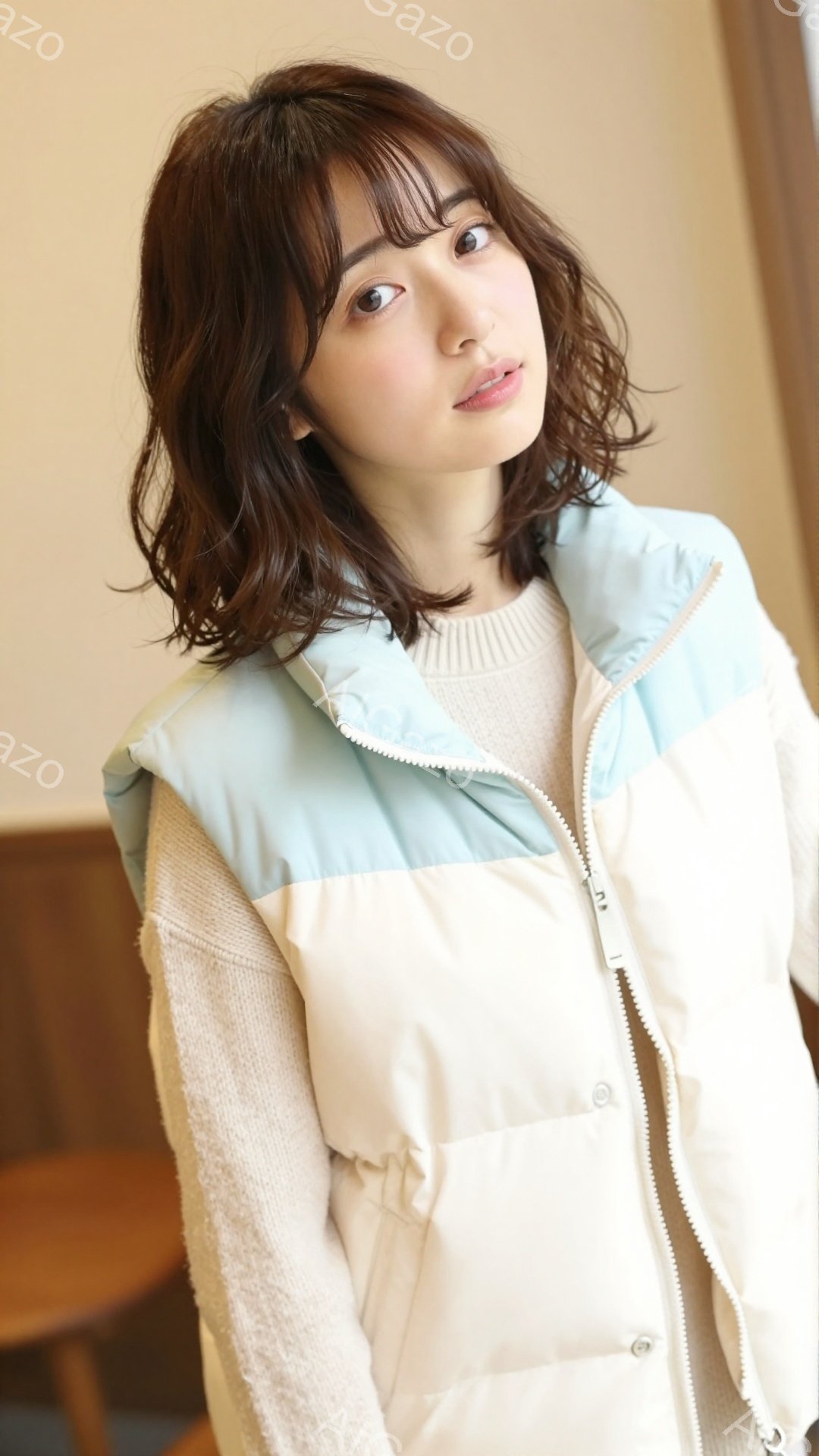 画像は、明るい茶色の髪を肩の長さでカットした若い女性が写っています。彼女は、クリーム色のセーターと、水色と白の組み合わせのダウンベストを着ており、少し微笑んでいます。背景はぼやけていますが、室内のよう - AI生成フリー素材