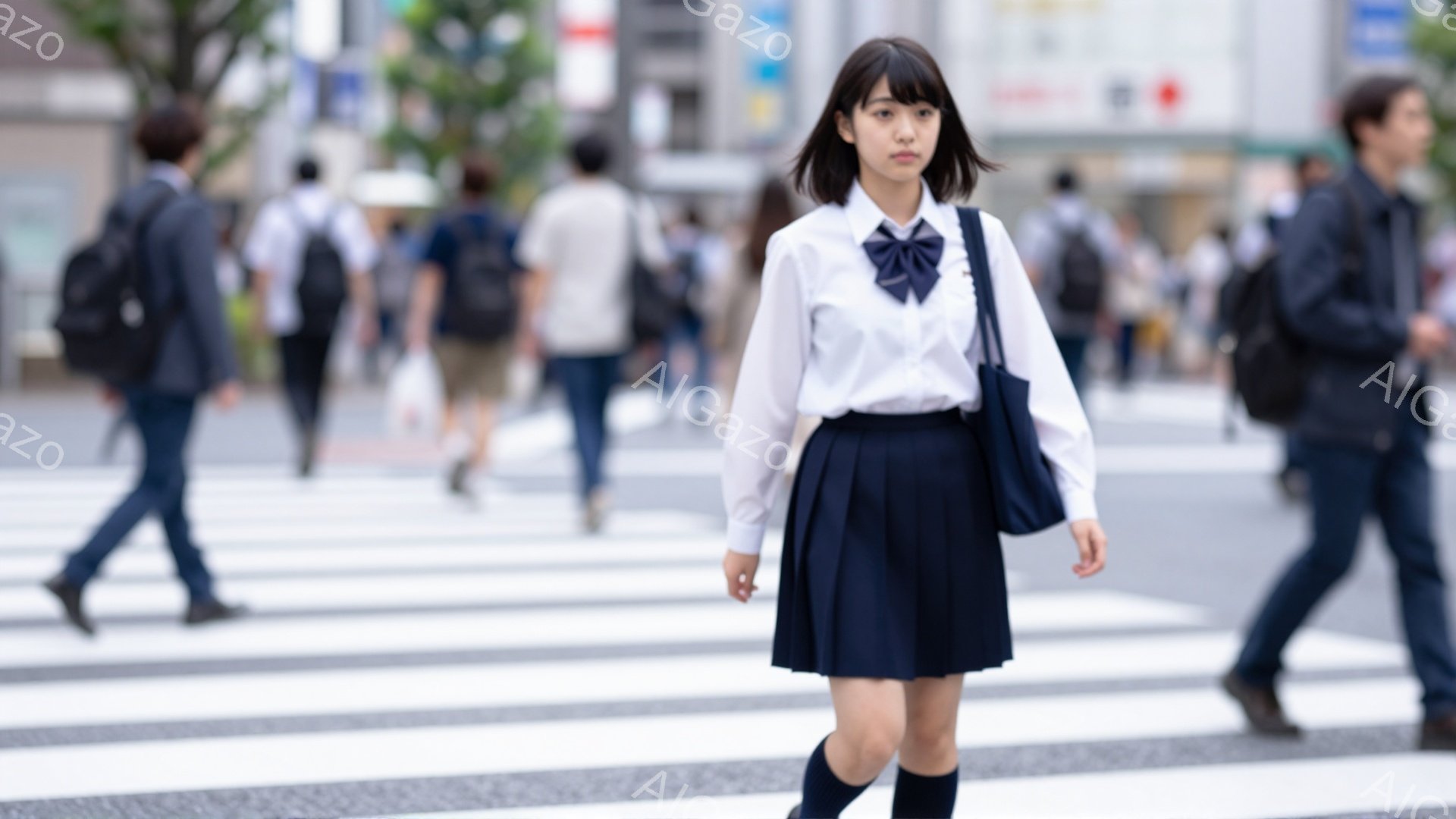 制服を着た女子高生が横断歩道の中央を歩いている。白いシャツに濃い青色のプリーツスカート、そして濃い色のリボンが特徴的で、黒い靴下を履いている。背景には多くの人が歩き、建物が見え、晴れた日の賑やかな街並 - AI生成フリー素材