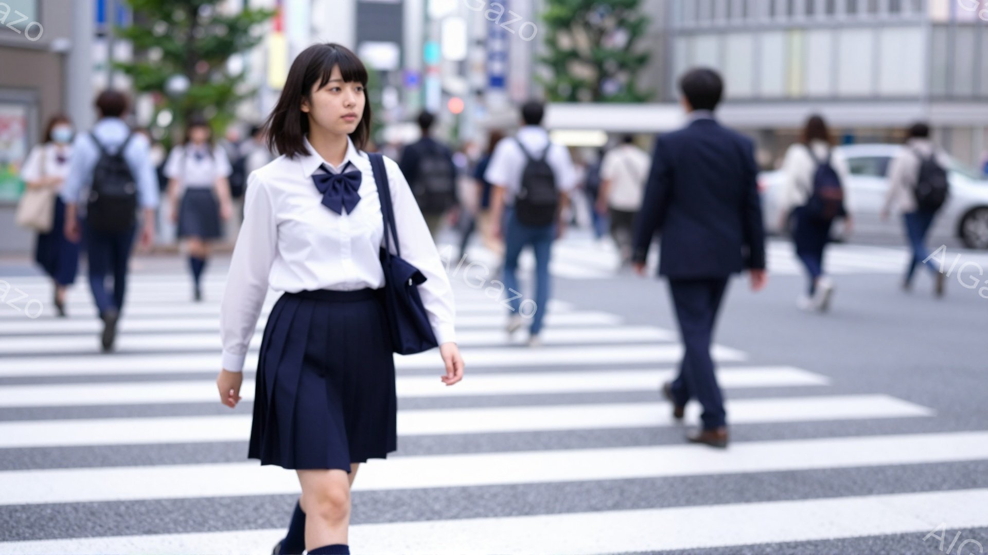 制服を着た女子高生が横断歩道を歩いている。彼女は白いシャツにネクタイ、紺色のプリーツスカート、そして膝丈の靴下を履いている。背景には多くの人が歩き、建物が並び、晴れた空が広がっている様子から、賑やかな都会の昼下がりの風景であることがわかる。