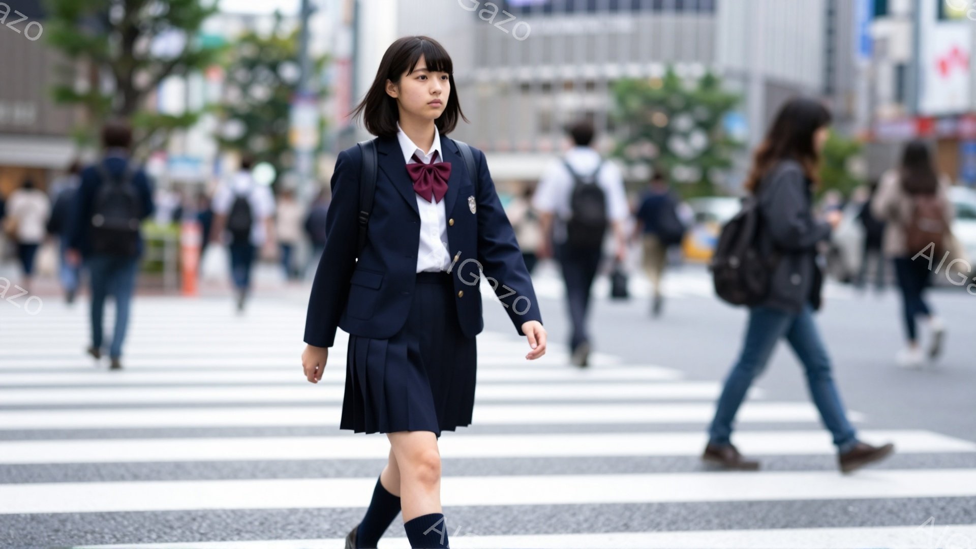 制服を着た女子高生が横断歩道を歩いている。紺色のブレザー、白いシャツ、プリーツスカート、ソックス、ローファーを身につけており、髪は肩までの長さで前髪がある。背景には、建物や歩行者がぼやけて写っており、晴れた日の街並みであることがわかる。
