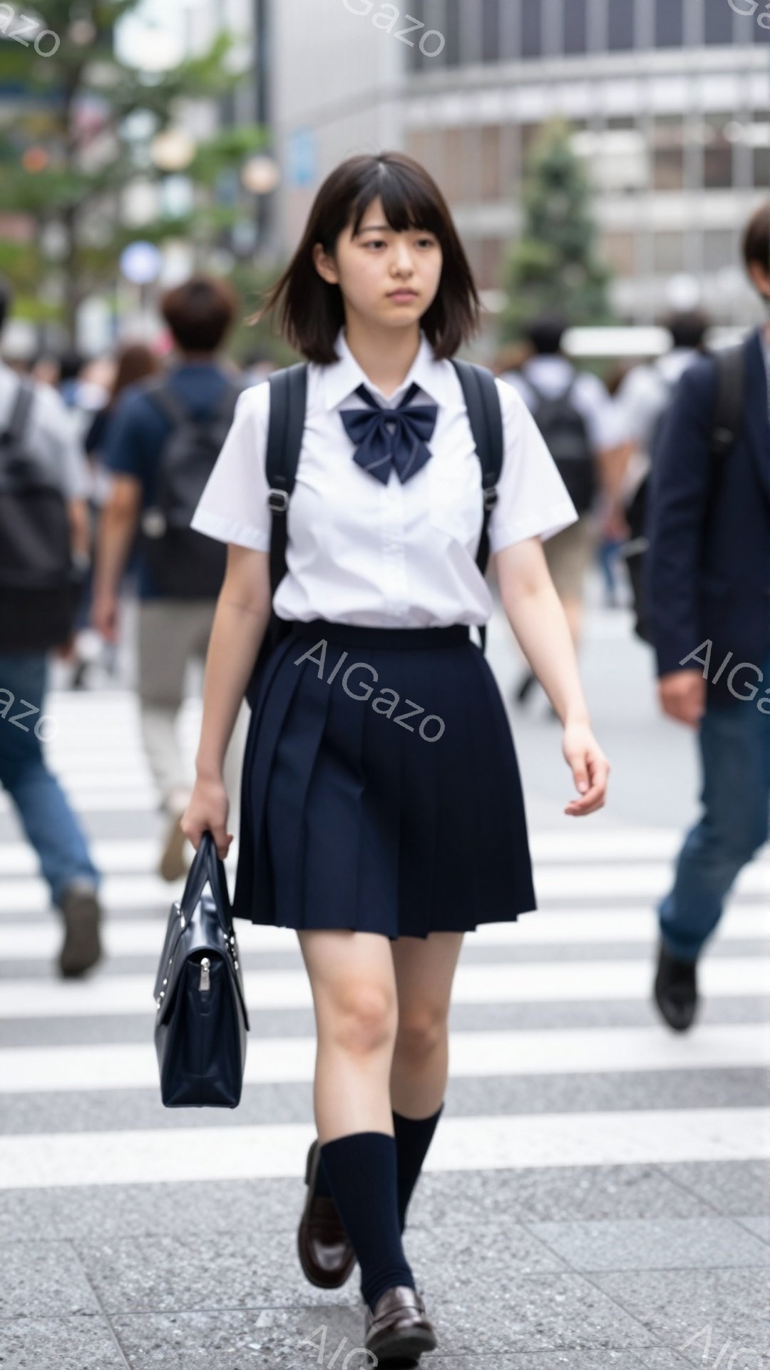 制服を着た女子学生が横断歩道を歩いている。彼女は白いシャツに濃い青色のプリーツスカート、膝丈のソックス、そして革靴を履いている。背景には高層ビルが立ち並び、天候は晴れで、活気のある都会の雰囲気が漂って - AI生成フリー素材