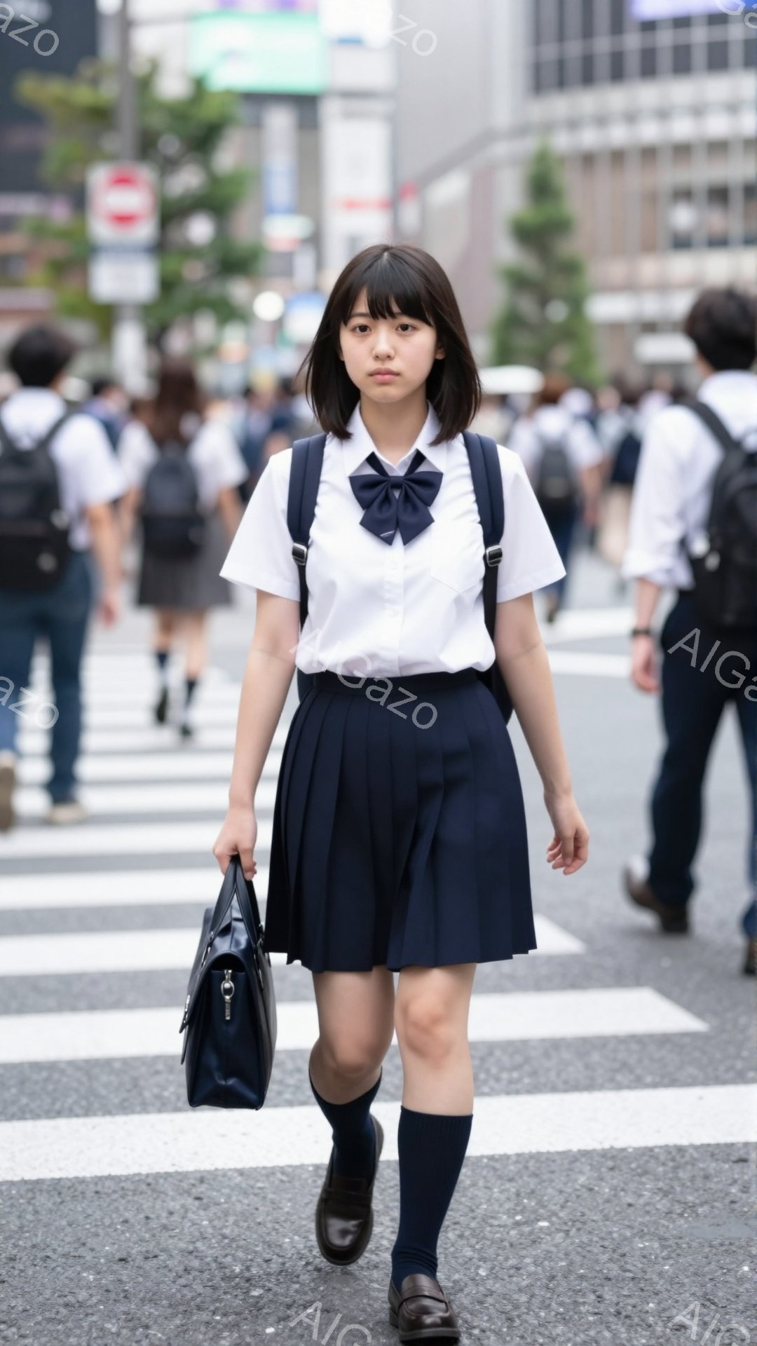 制服を着た女子高生が、横断歩道を歩いている。彼女は白いシャツに紺色のプリーツスカート、黒いソックスとローファーを履いている。背景には高層ビルが立ち並び、多くの人が歩いていることから、賑やかな都市部の風景であることがわかる。
