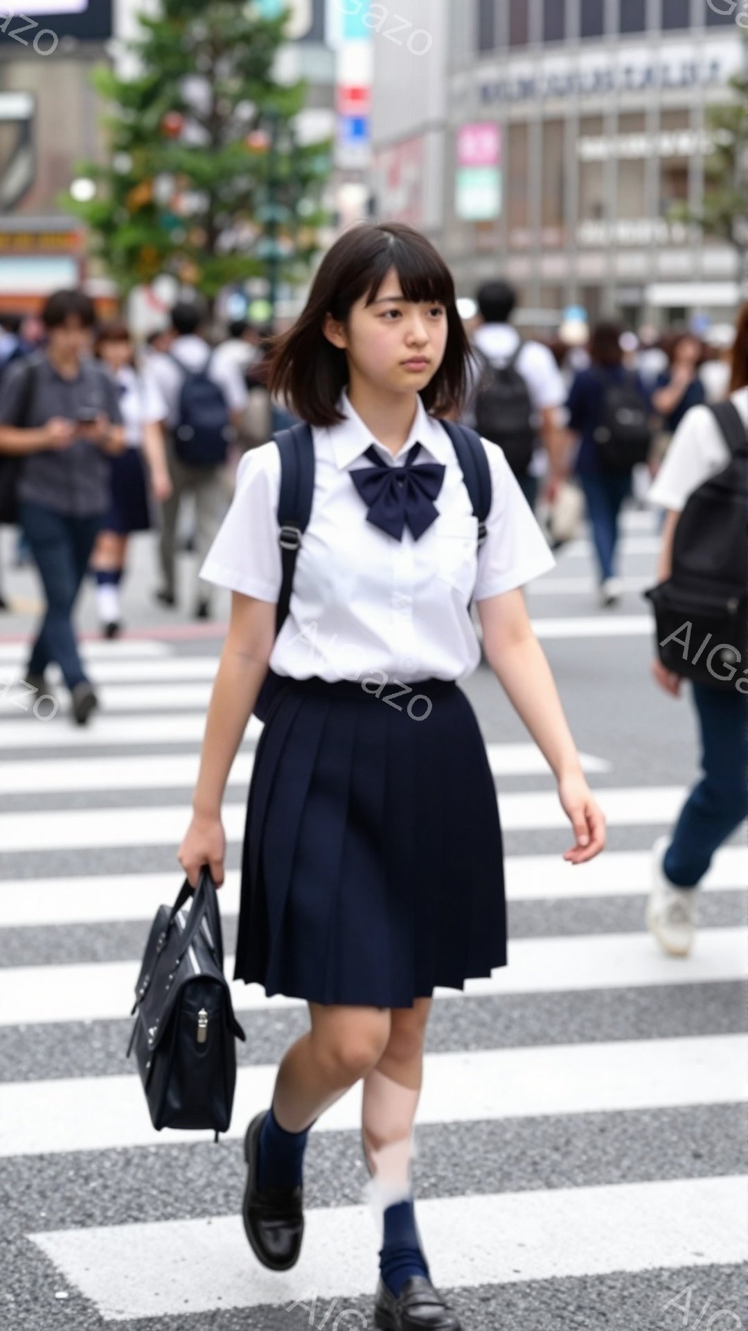 制服を着た女子高生が横断歩道を歩いている。紺色のブレザーとプリーツスカート、白いシャツにリボンが特徴的で、黒い靴とソックスを履いている。背景には高層ビルや木々が見え、晴天の下、賑やかな街の様子が伺える。