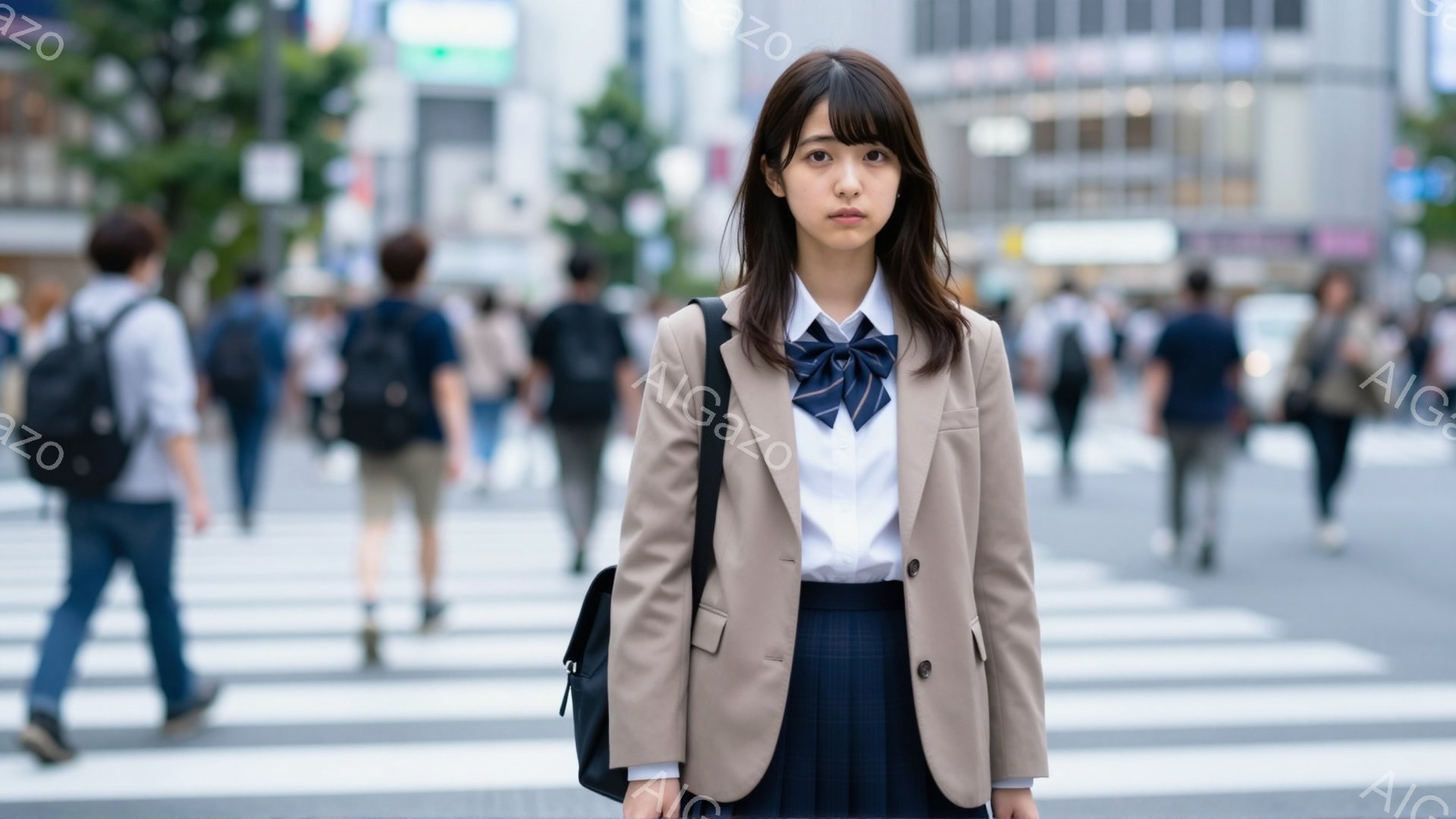 画像には、制服を着た若い女性が写っています。彼女はベージュ色のブレザー、白いシャツ、チェック柄のスカートを着用し、首にはネクタイを結んでいます。背景には、多くの人が歩く横断歩道と、高層ビルが立ち並ぶ都市の風景がぼやけて見えます。