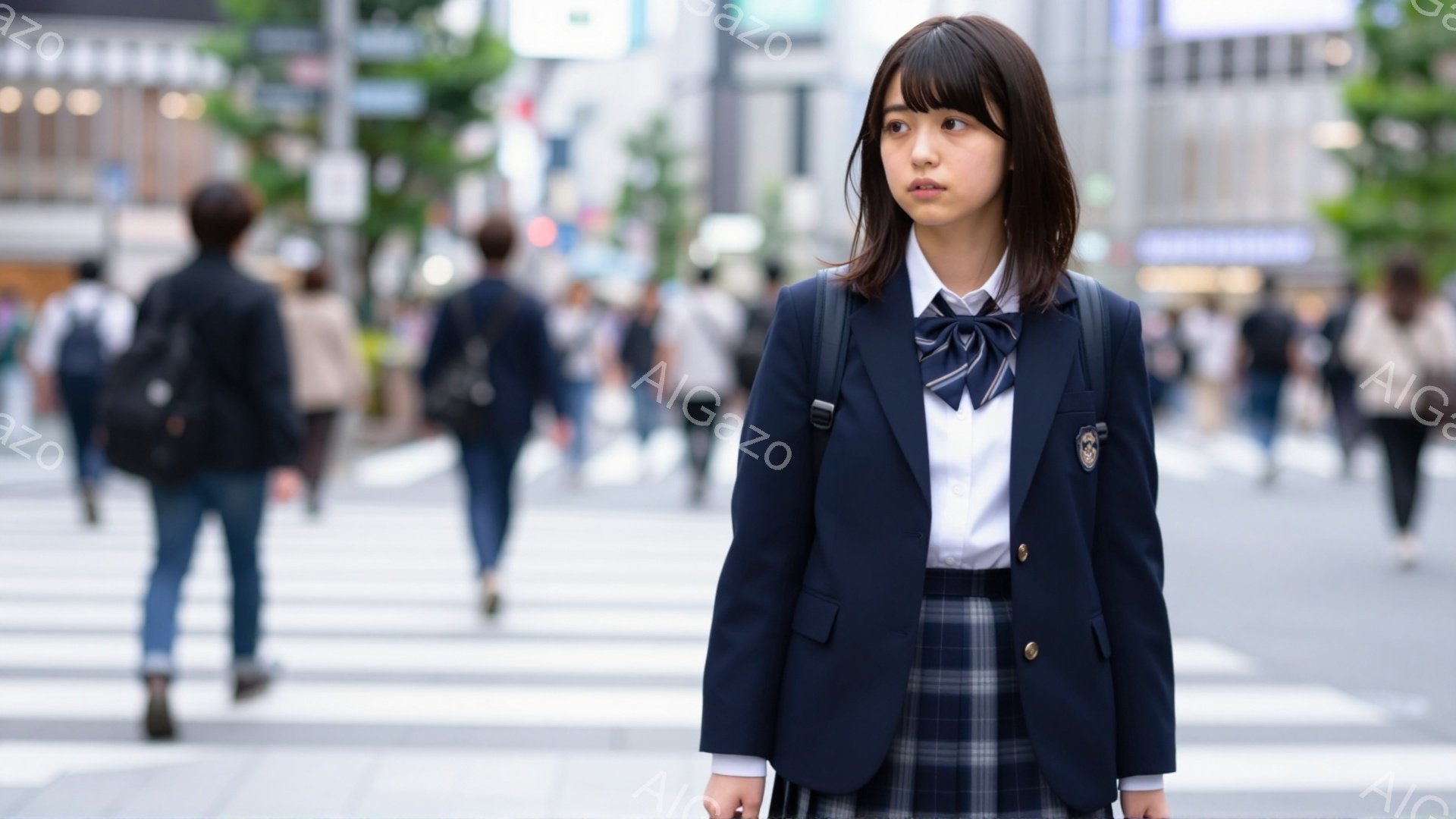 制服を着た若い女性が、交差点の白線上に立っている。紺色のブレザーにチェック柄のスカート、白いシャツにリボンが結ばれたネクタイ、そして黒い靴を履いている。背景には、人々が歩く姿や建物が見え、晴れた日の都 - AI生成フリー素材