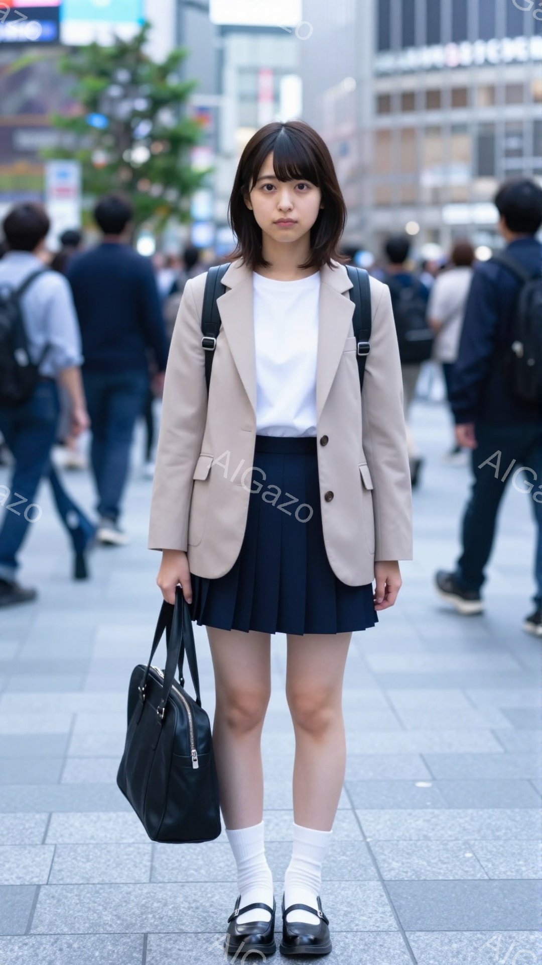 制服を着た若い女性が正面を向いて立っている。ベージュのブレザー、紺色のプリーツスカート、白いソックス、黒いローファーを履いている。背景には人々や建物がぼやけて写っており、晴れた日の都会の通りらしき風景が広がっている。