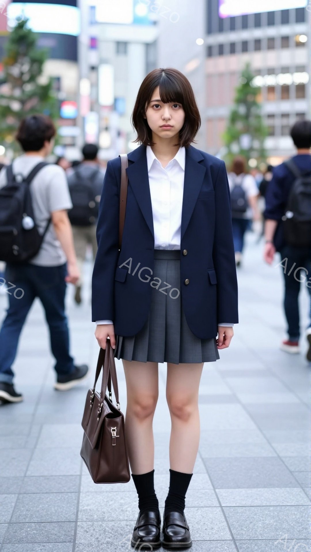 画像は、紺色のブレザーとグレーのプリーツスカート、白いシャツを身につけた若い女性が写っています。彼女は黒い靴下と革靴を履き、茶色のハンドバッグを持っています。背景には、歩行者や建物が見え、晴れた日の都会の街並みが広がっています。