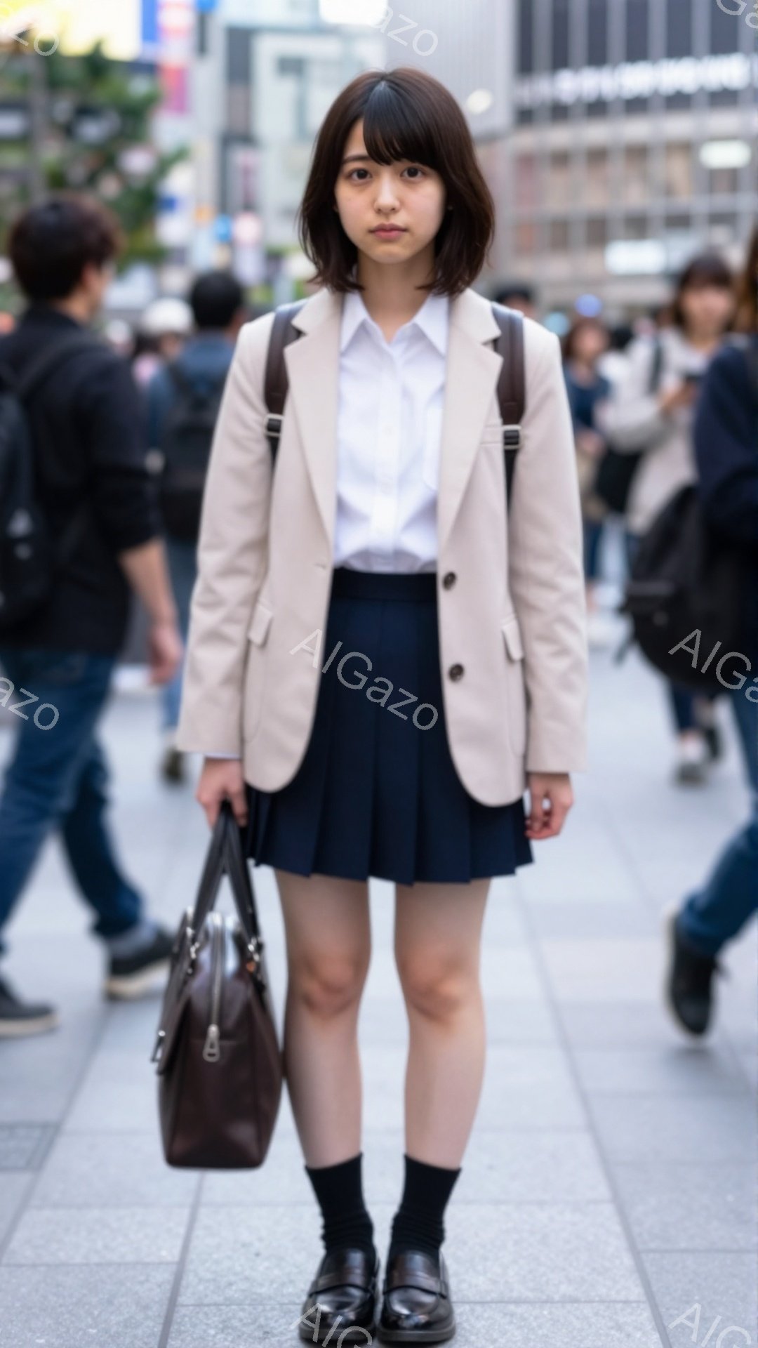 画像は、制服を着た若い女性が写っている。彼女はベージュ色のブレザー、プリーツの紺色のスカート、白いシャツを着て、黒い靴下と革靴を履いている。背景には、多くの人々や高層ビルが見え、晴れた日の賑やかな街の様子がうかがえる。