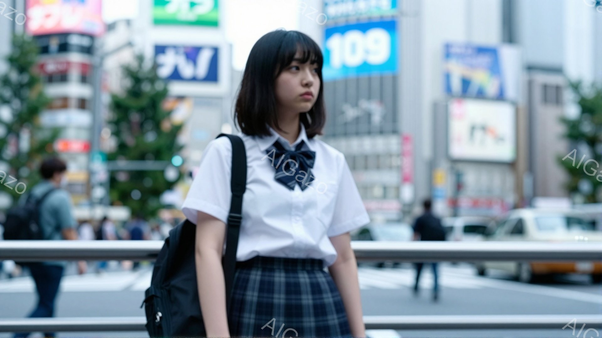 制服を着た女子高生が道路のそばに立っている。彼女は白いシャツ、チェックのスカート、ネクタイを着用しており、肩に黒いリュックサックをかけている。背景には賑やかな街並み、高層ビル、そして信号機が見え、やや曇った天候がうかがえる。