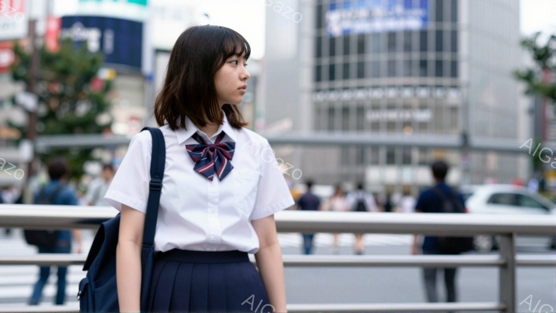 制服を着た女子高生が、グレーの柵にもたれかかって少し上を見ている。彼女は短い黒髪で、白いシャツにネクタイ、紺色のスカートを着用しており、肩にはリュックサックを背負っている。背景には高層ビルや歩行者が写っており、晴天で活気のある都会の風景が広がっている。